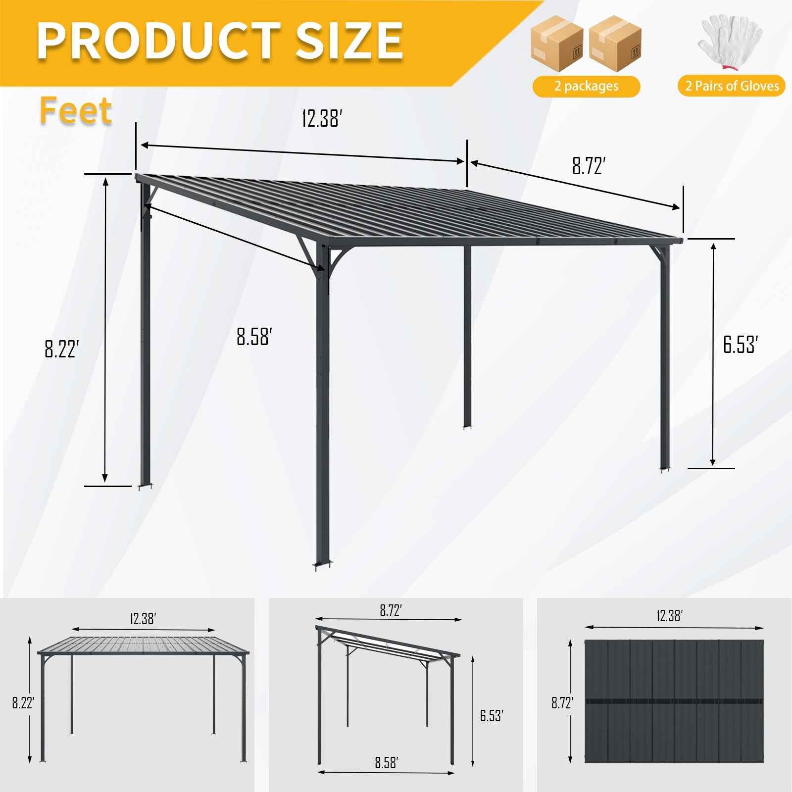 Outdoor Pergola, 12' x 8' Outdoor Pergola for Patio, Large 8x12 Galvanized Steel Lean to Wall-Mounted Pergolas  for outdoor barbecues and family gatherings