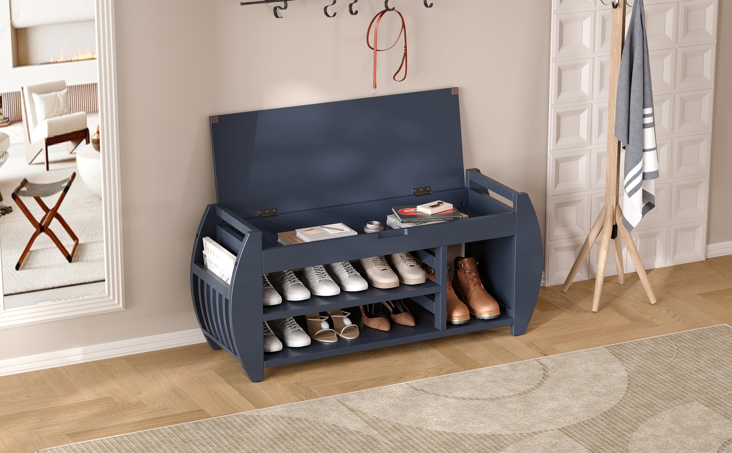 TREXM Retro Multifunctional Storage Bench with Cushion and Curved Side Panel for Entrance and Living Room (Antique Navy)