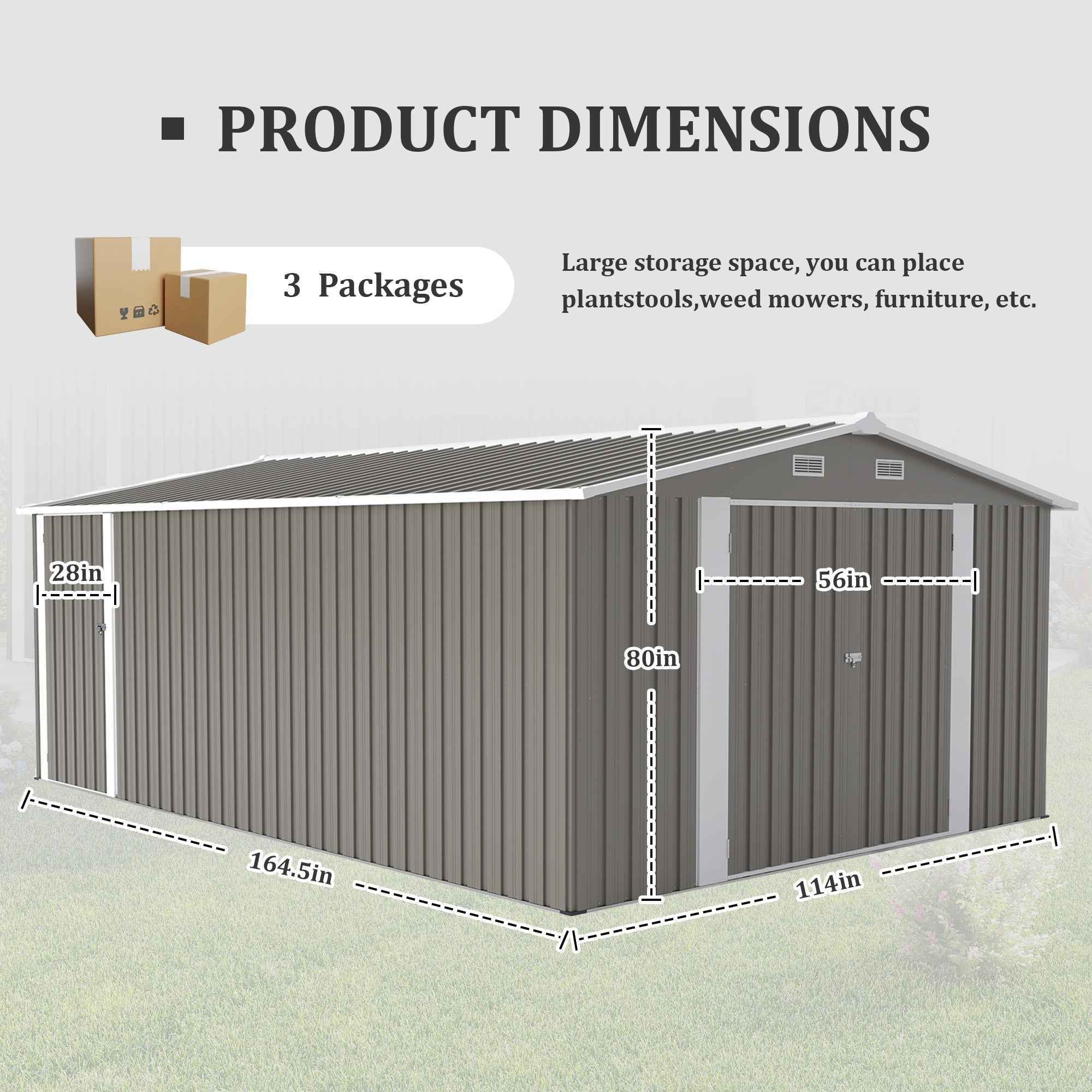 Campcraft  Outdoor Storage Shed 10×14 FT with 3 Lockable Doors,4 Air Vents & Sloped Roof,Utility Tool Shed Metal Storage Garden Sheds  Frame and 4 Vents,for Backyard,Patio,Lawn,Light Grey