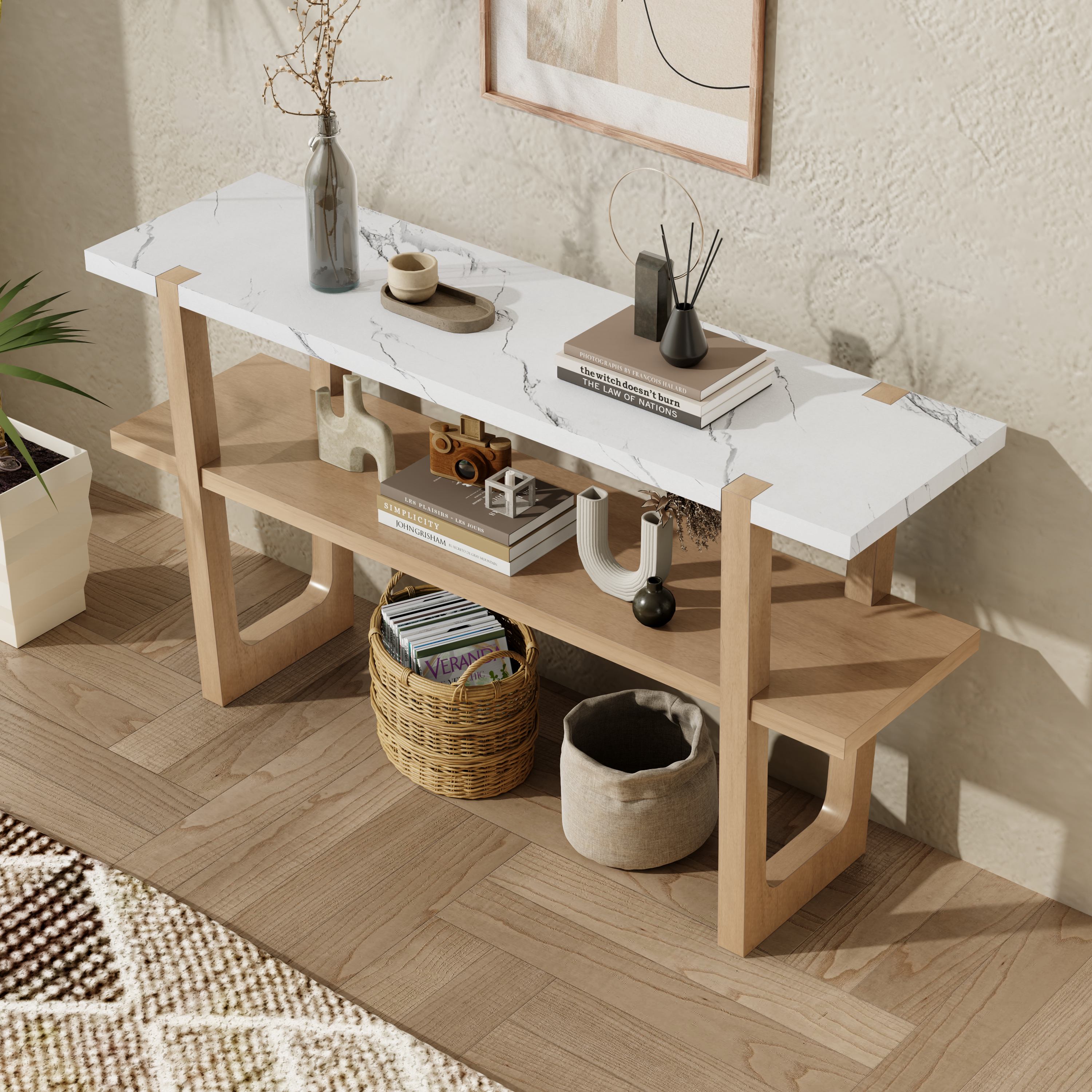 TREXM Retro Elegant Console Table with Marble-Effect Top and Versatile Storage Solutions for Entryway and Living Room (Natural)