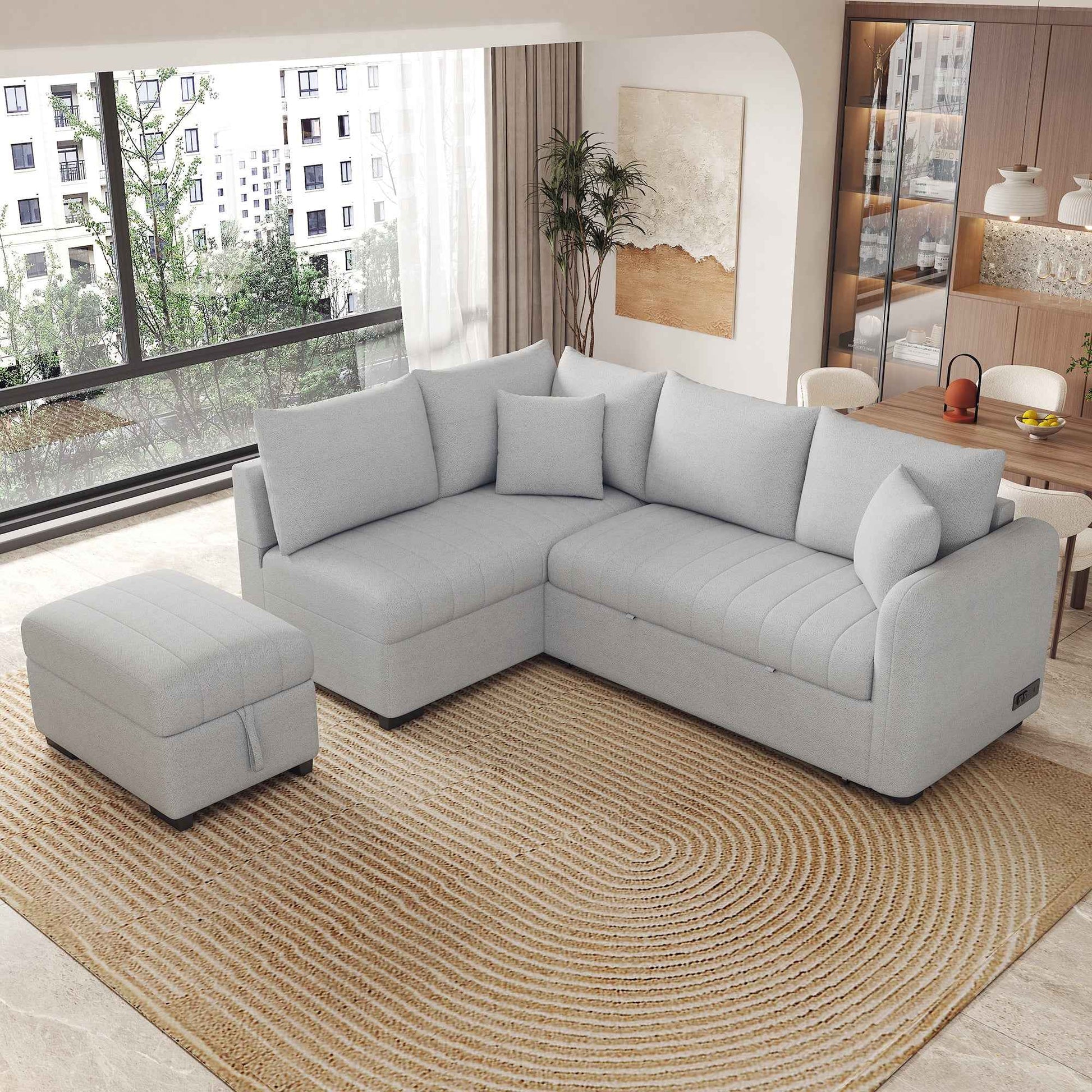 Modern L-shaped Sectional Pull Out Sofa Bed with USB Ports & Storage Ottoman, Gray Jacquard Fabric, 82.6'