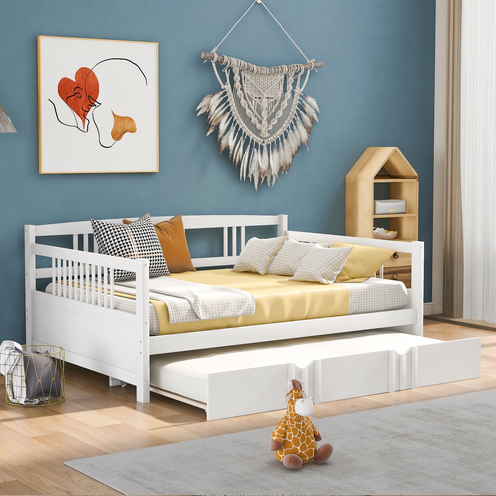 Full Size Daybed Wood Bed with Twin Size Trundle,White - Abrihome