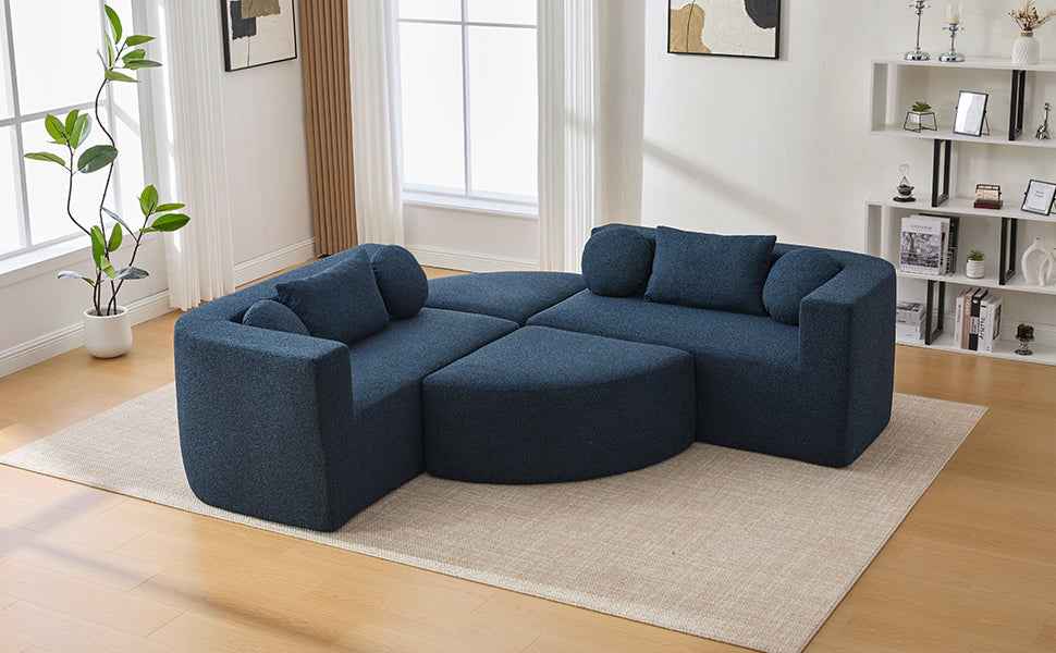 Boneless Couch Modular Sectional Sofa with Deep Seating and Curved Design in Blue Boucle, 114.9 Inches