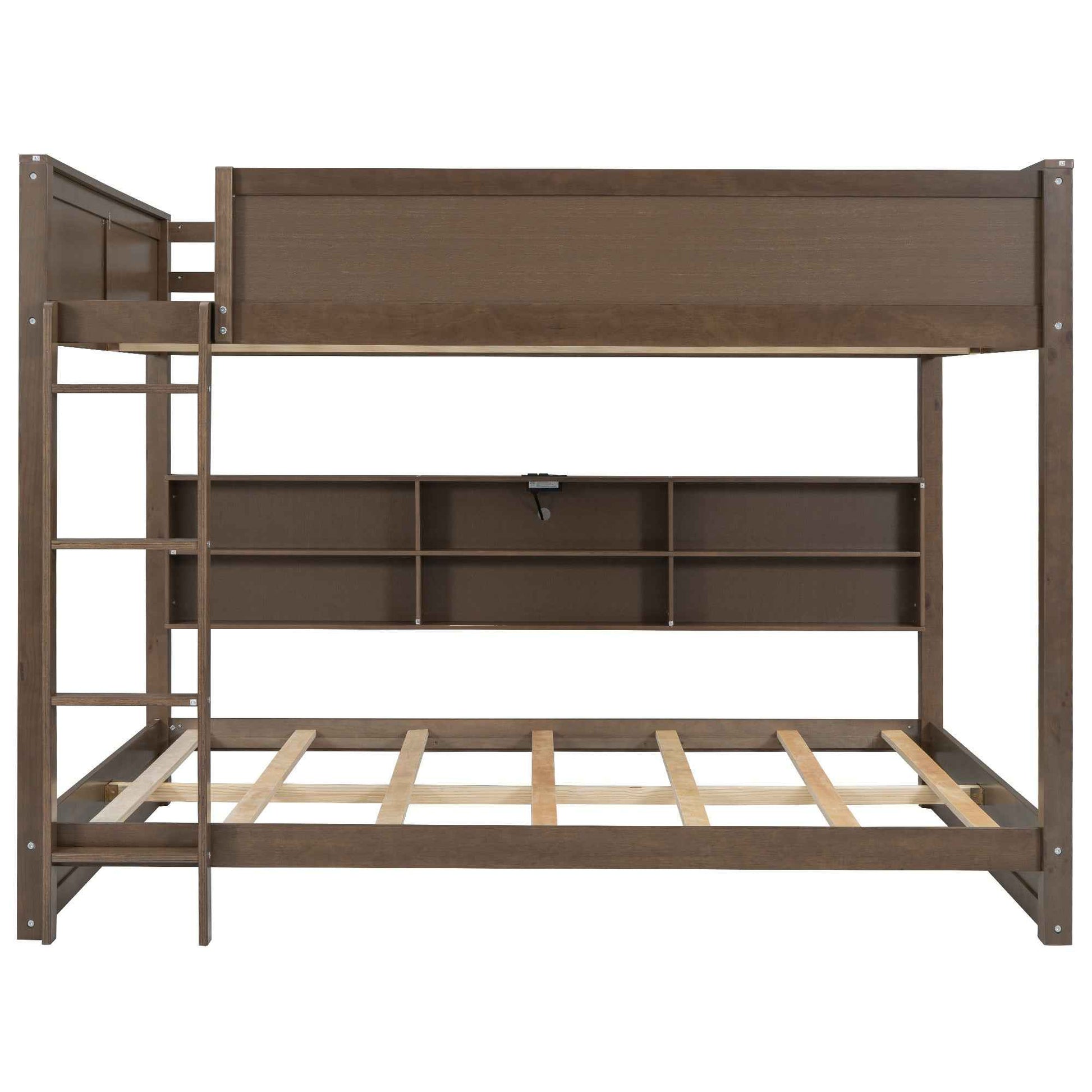 Queen over Queen Bunk Bed with Storage Cabinets and USB Ports in Antique Wood Color, Solid Pine Wood+MDF