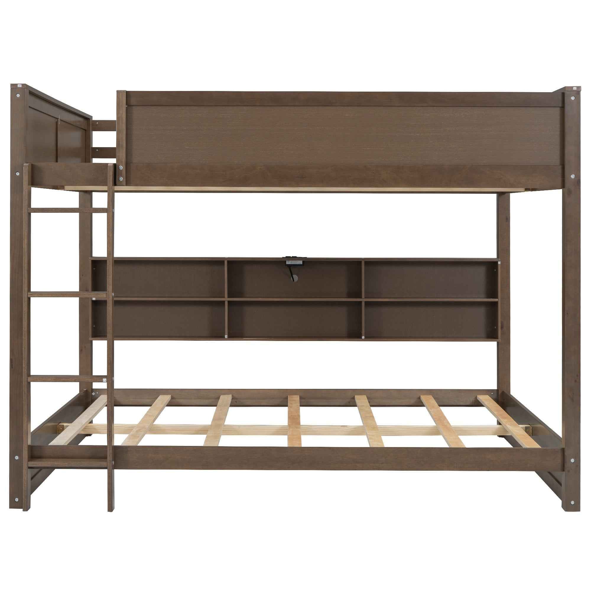 Queen over Queen Bunk Bed with Storage Cabinets and USB Ports in Antique Wood Color, Solid Pine Wood+MDF