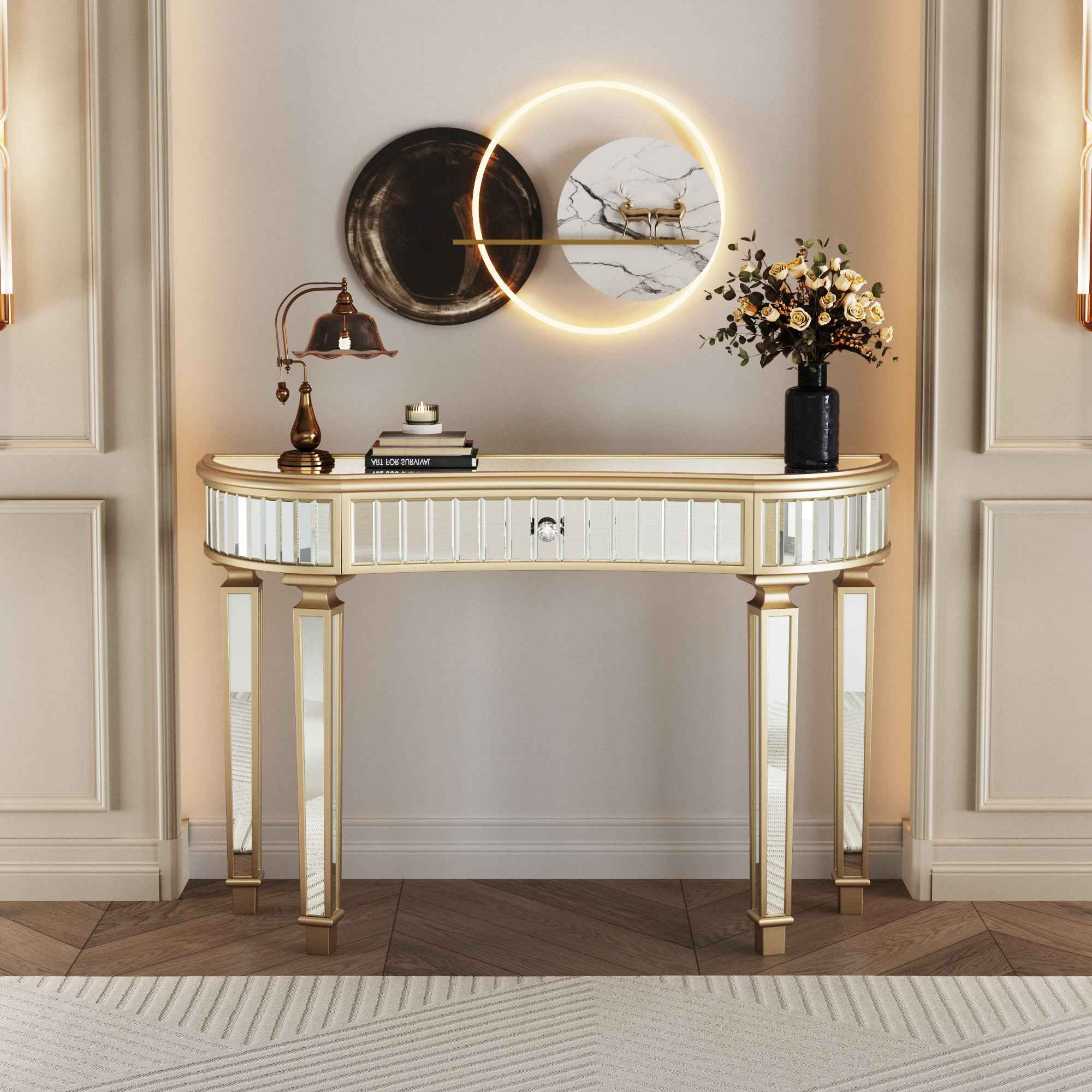 47' Half-Moon Mirrored Console Table with Fluted Glass & Crystal Knob Drawer - Silver Entryway Vanity Desk for Bedroom/Dressing Room(Gold+Sliver)