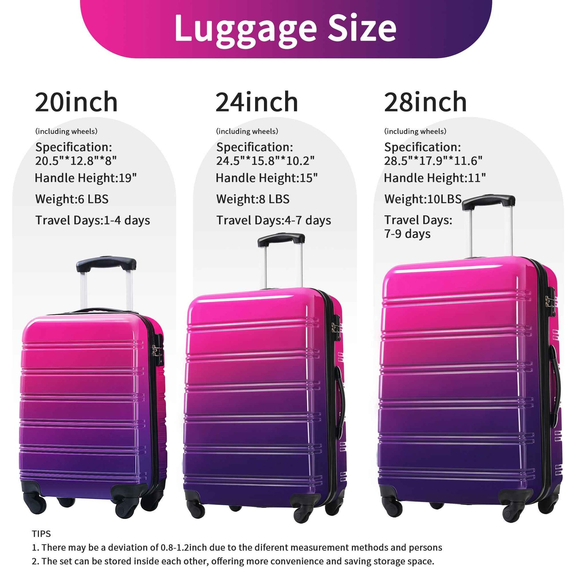 Gradient Color Expandable Hardshell Luggage Set with Spinner Wheels and TSA Lock, 20' 24' 28' Available, Purple and Pink