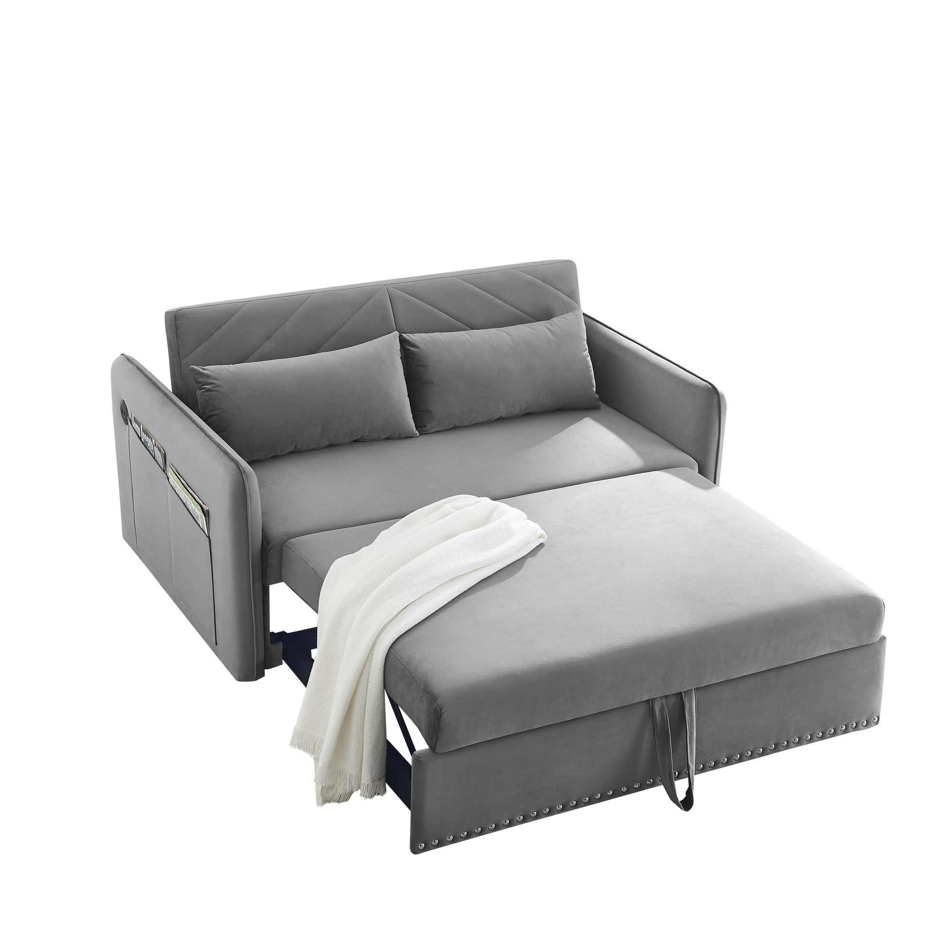 MH' Sleeper Sofa Bed w/USB Port, 3-in-1 adjustable sleeper with pull-out bed, 2 lumbar pillows and side pocket, soft velvet convertible sleeper sofa bed, suitable for living room bedroom - Abrihome