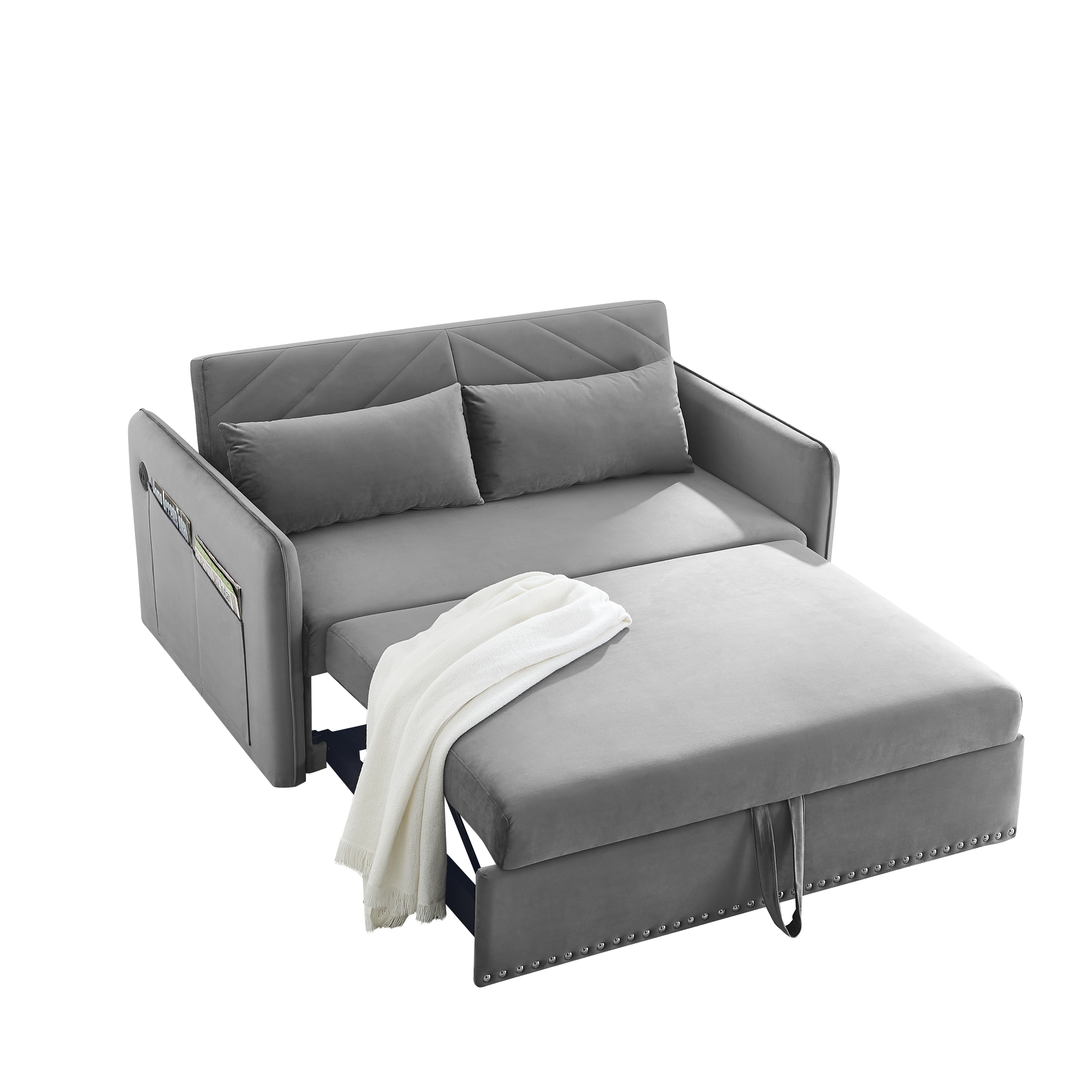 MH' Sleeper Sofa Bed w/USB Port, 3-in-1 adjustable sleeper with pull-out bed, 2 lumbar pillows and side pocket, soft velvet convertible sleeper sofa bed, suitable for living room bedroom - Abrihome