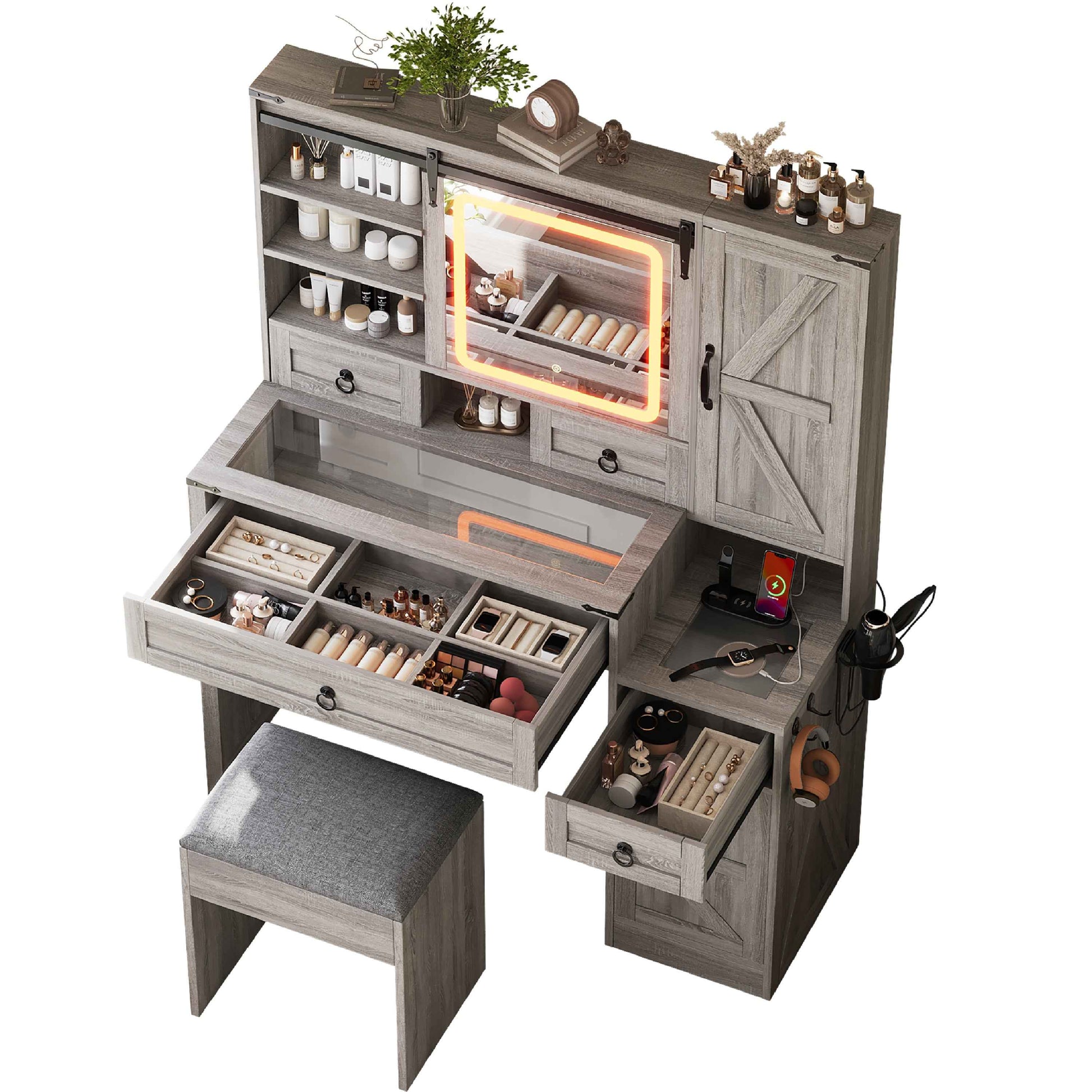 Farmhouse Vanity Desk with Sliding Mirror and Lights, Vanity Set with Glass Top and Charging Station ,Dressing Table with 4 Drawers and 2 Cabinets, Dressing Table with Stool for Bedroom, Gray