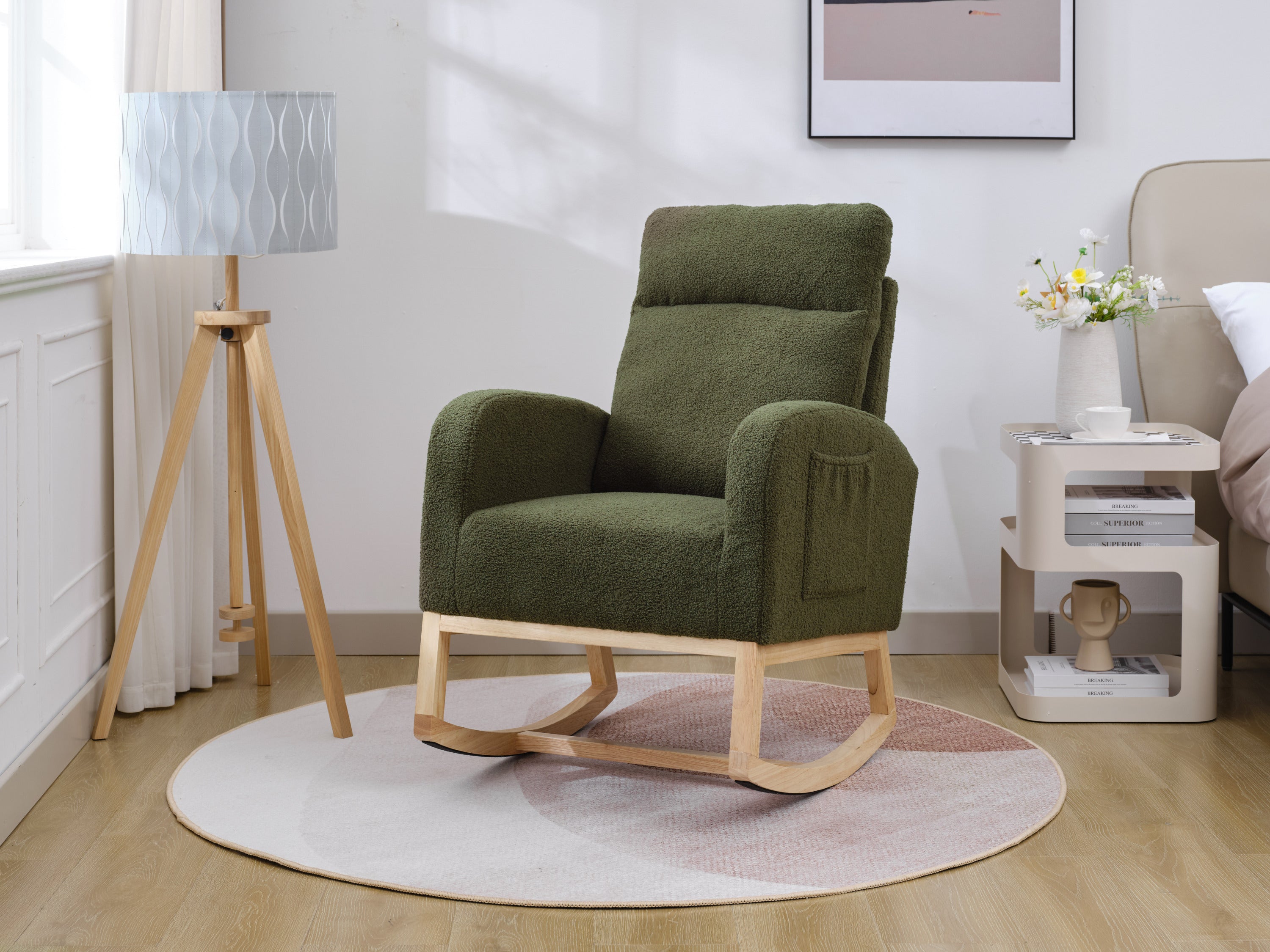 Modern Accent Rocking Chair Rocking Chair with Solid Wood Legs, Upholstered Nursery Glider Rocker, Comfy Armchair with Side Pocket, Living Room Lounge Arm Chair with High Backrest (Dark green,teddy)