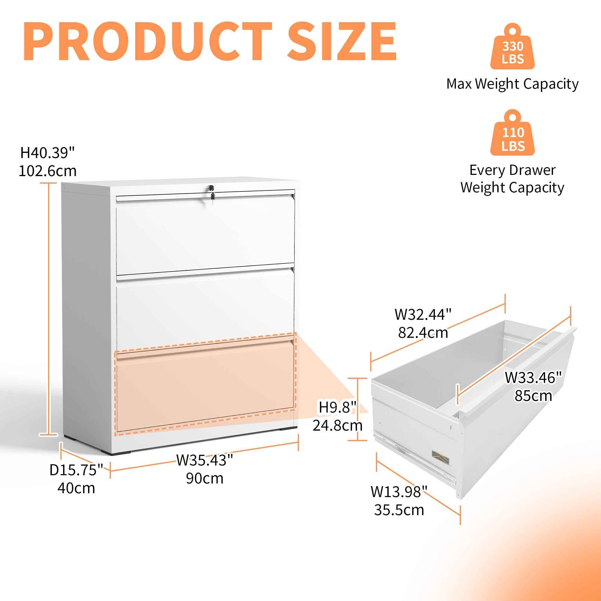 3 Drawer Lateral File Cabinet, 35.4 Inch Wide Metal Filing Cabinet, Locking Heavy Duty File Cabinet for Home Office, Anti-Tip Safety Interlock, Vertical Storage for Letter/Legal/A4 Files