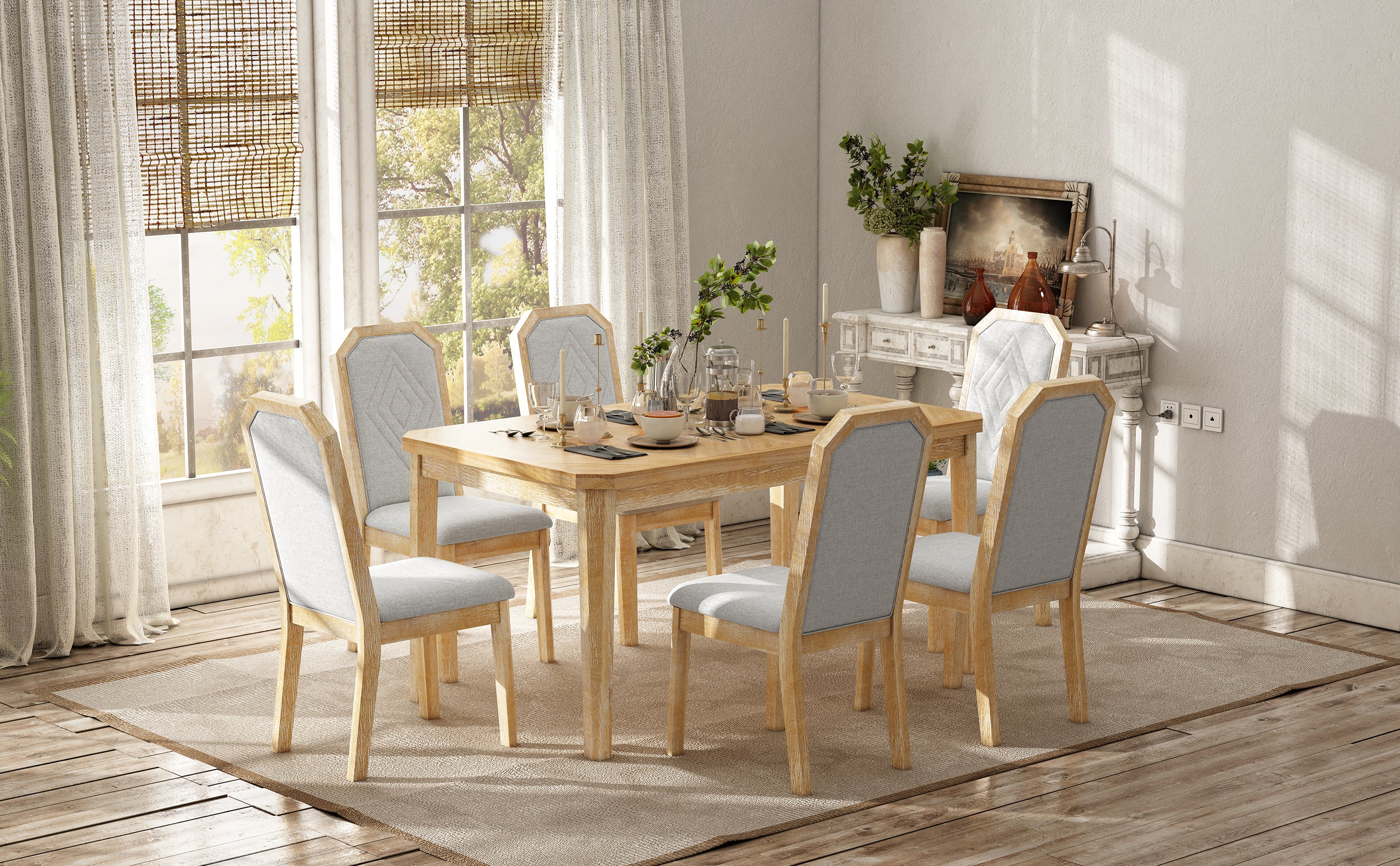 TREXM 7-Piece Farmhouse Dining Set Classic Rustic Table and 6 high-back design Chairs for Dining Room, Kitchen (Natural Wood Wash)