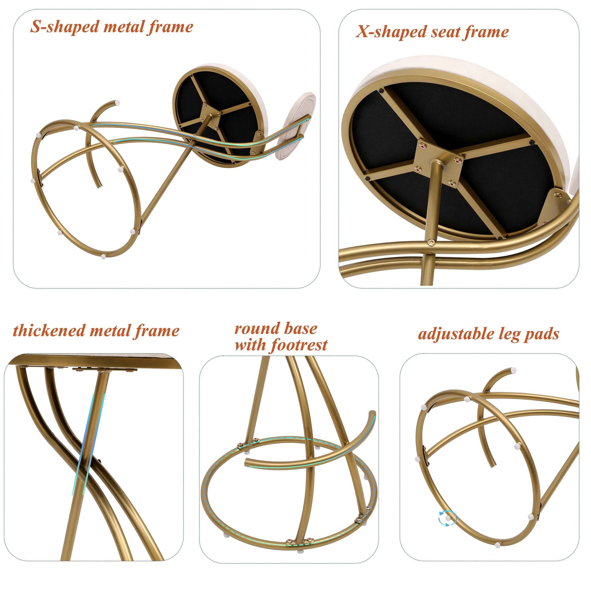 Round Bar Stool Armless Velvet Barstools with Back Set of 2, Gold & Creamy White