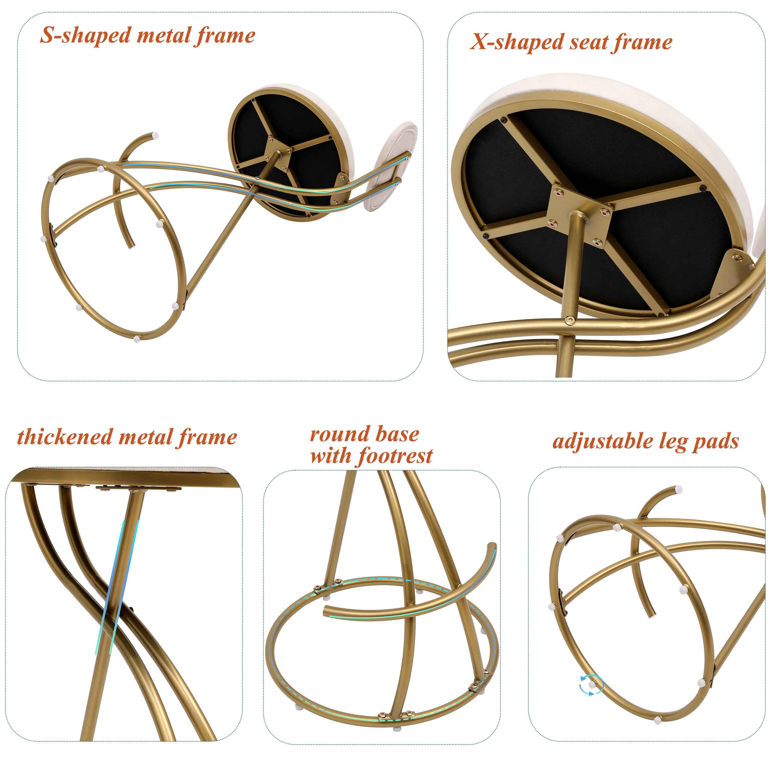 Round Bar Stool Armless Velvet Barstools with Back Set of 2, Gold & Creamy White