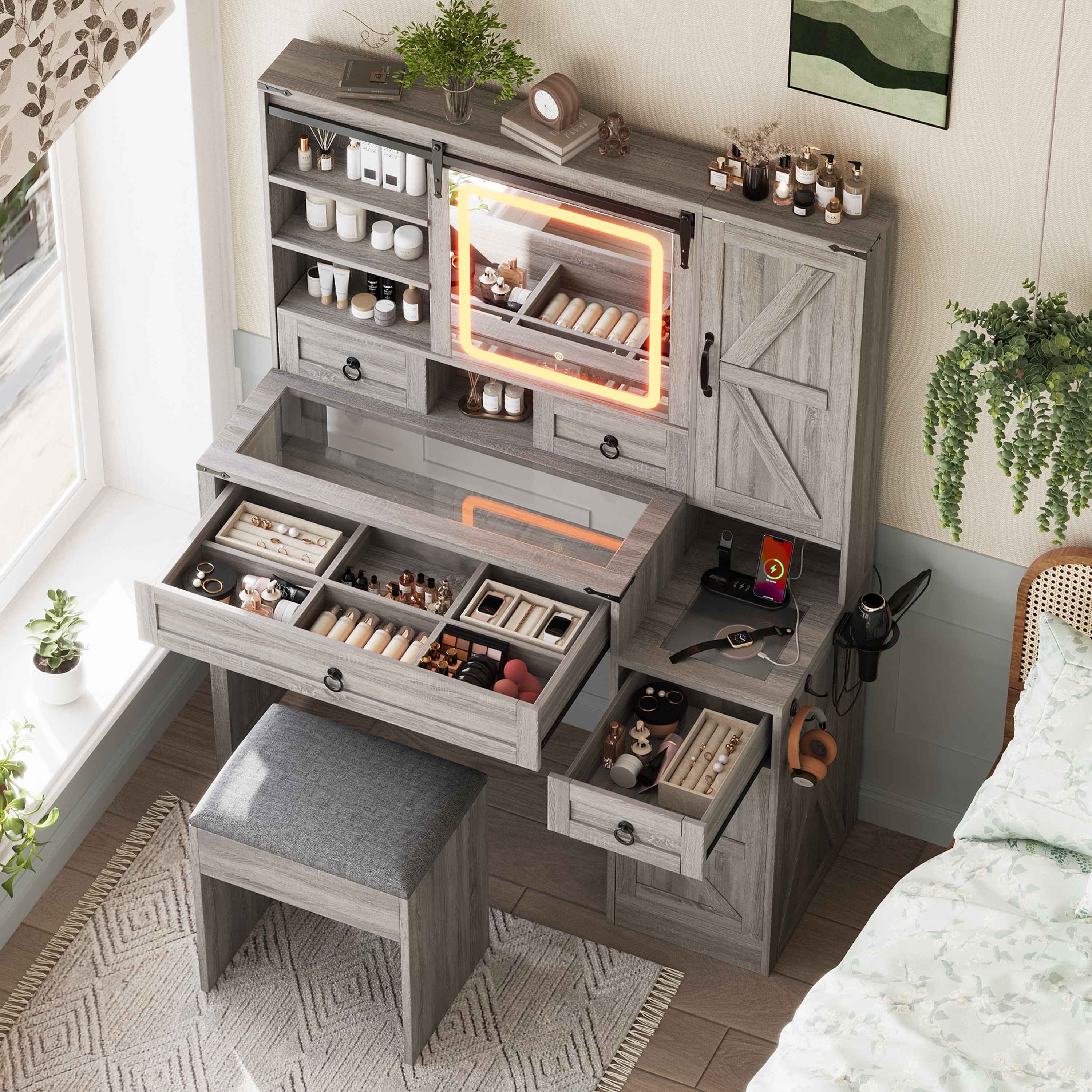 Farmhouse Vanity Desk with Sliding Mirror and Lights, Vanity Set with Glass Top and Charging Station ,Dressing Table with 4 Drawers and 2 Cabinets, Dressing Table with Stool for Bedroom, Gray