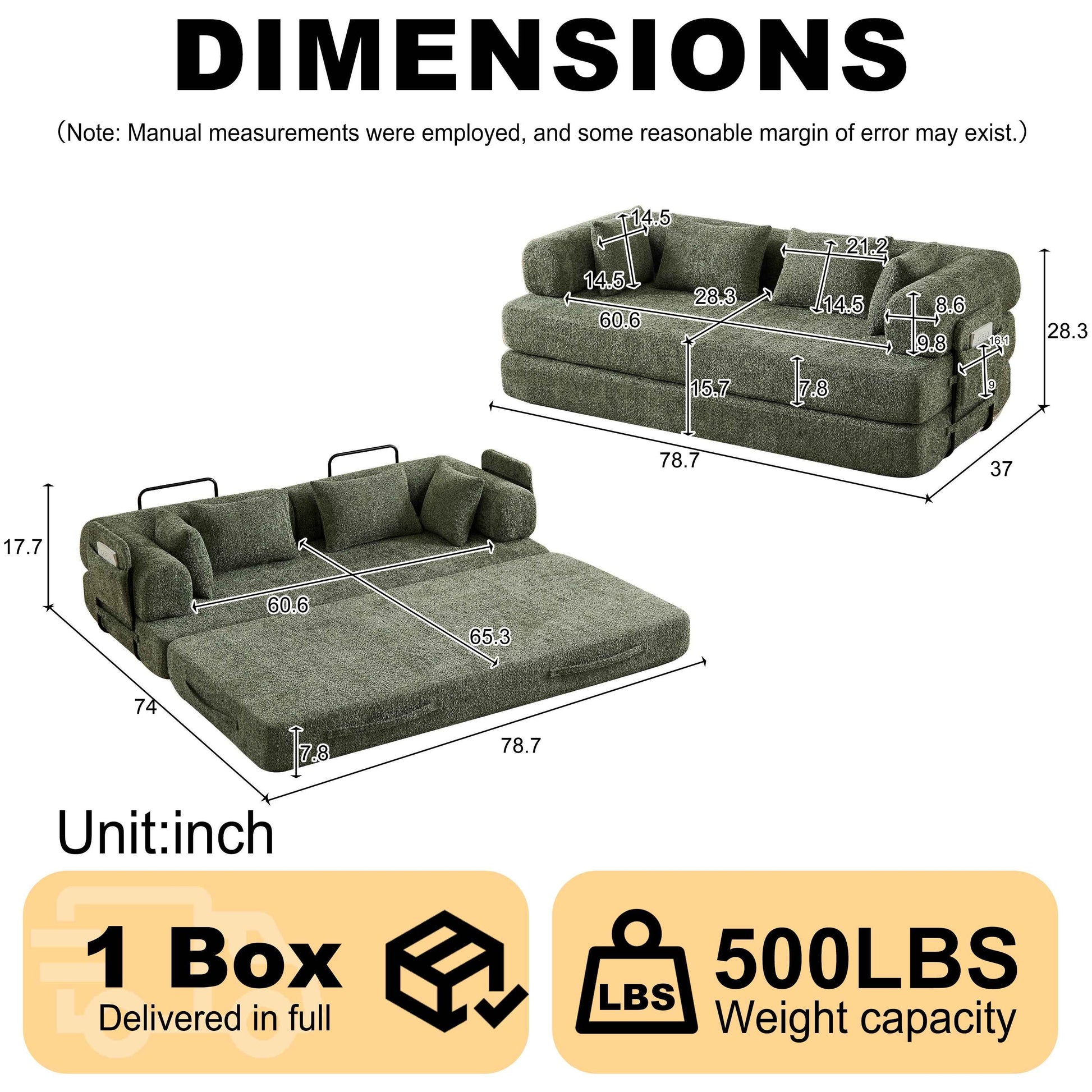 Green Chenille Convertible Sleeper Sofa Bed with Cylindrical Pillow, Folding Mattress Couch with Side Pocket for Living Room Bedroom Lounge Studio
