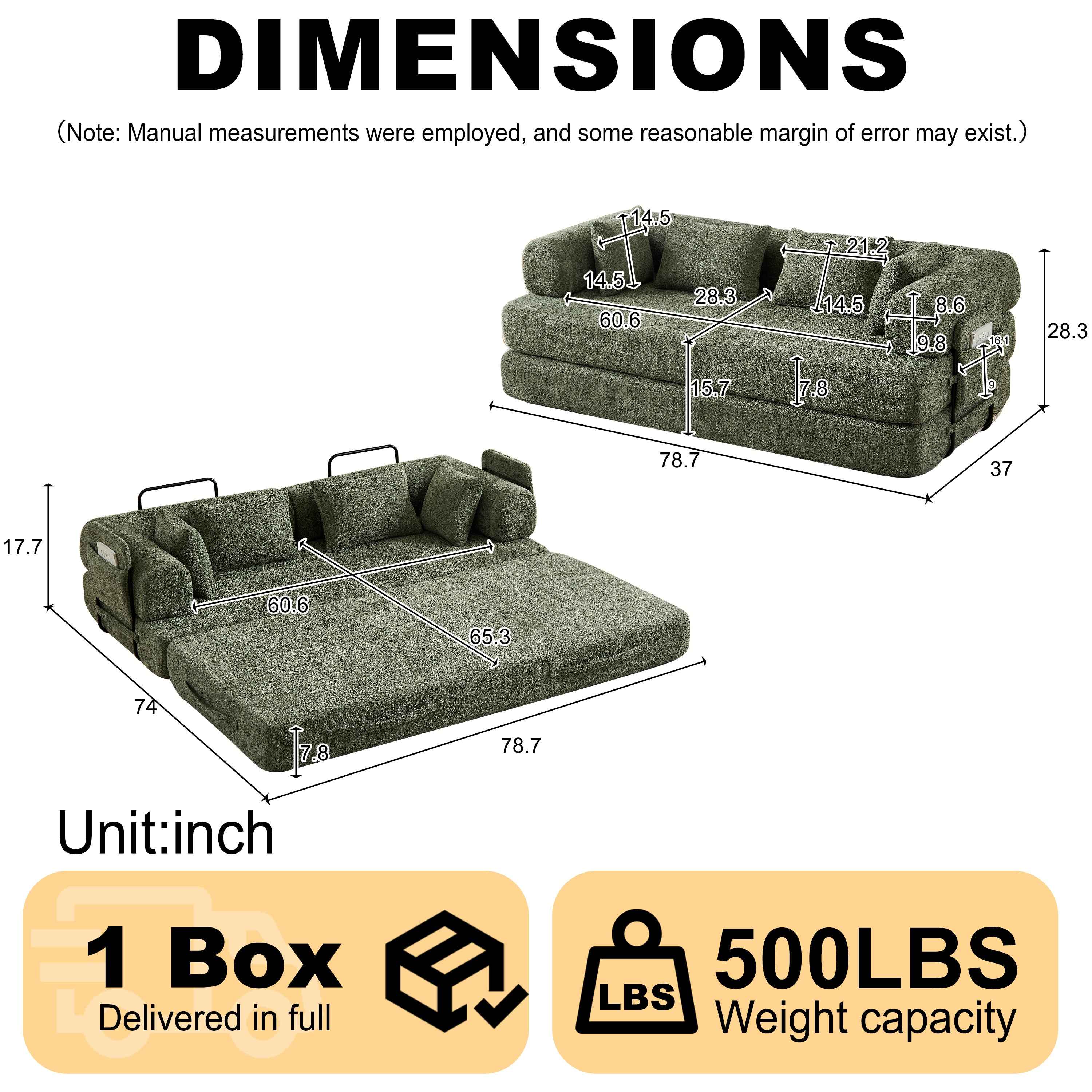 Green Chenille Convertible Sleeper Sofa Bed with Cylindrical Pillow, Folding Mattress Couch with Side Pocket for Living Room Bedroom Lounge Studio