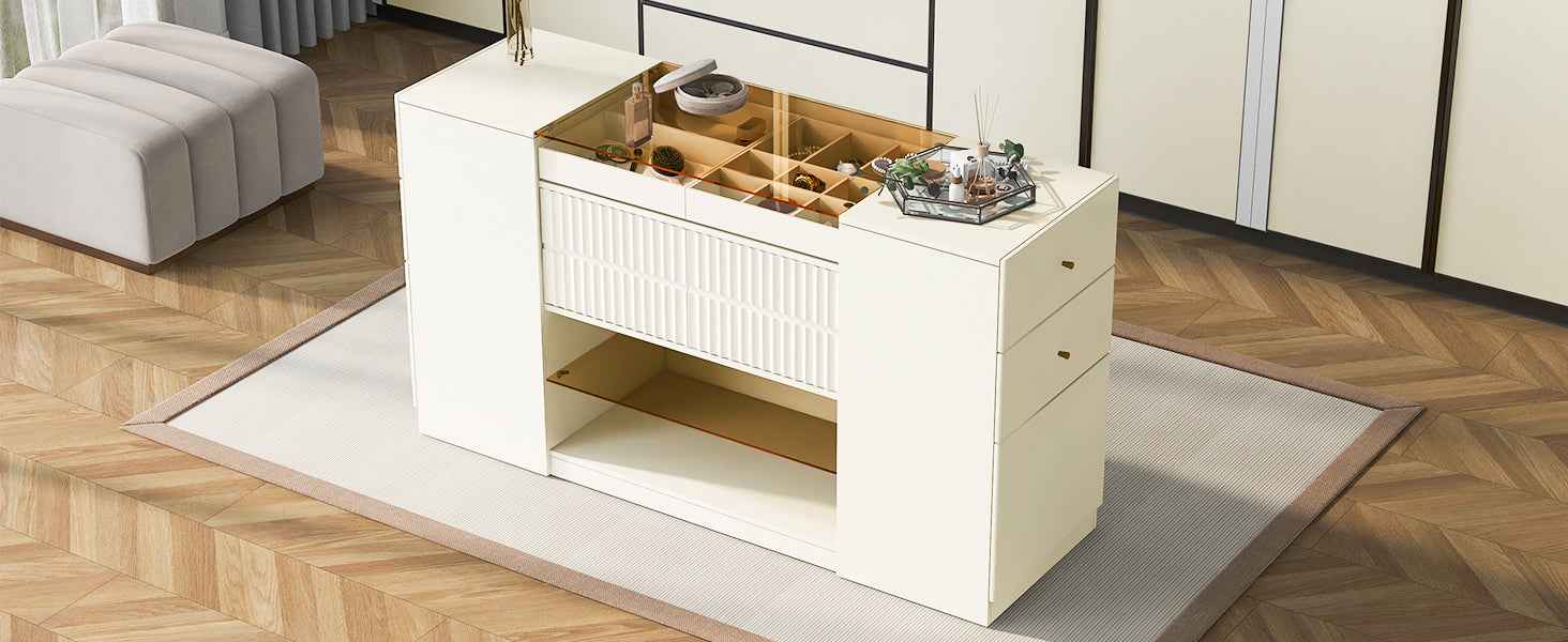 Modern Luxury Multi-Functional Island Vanity Dresser and Storage Cabinet with Glass Tabletop, Display Shelf, 6 Drawers, Cream White MDF