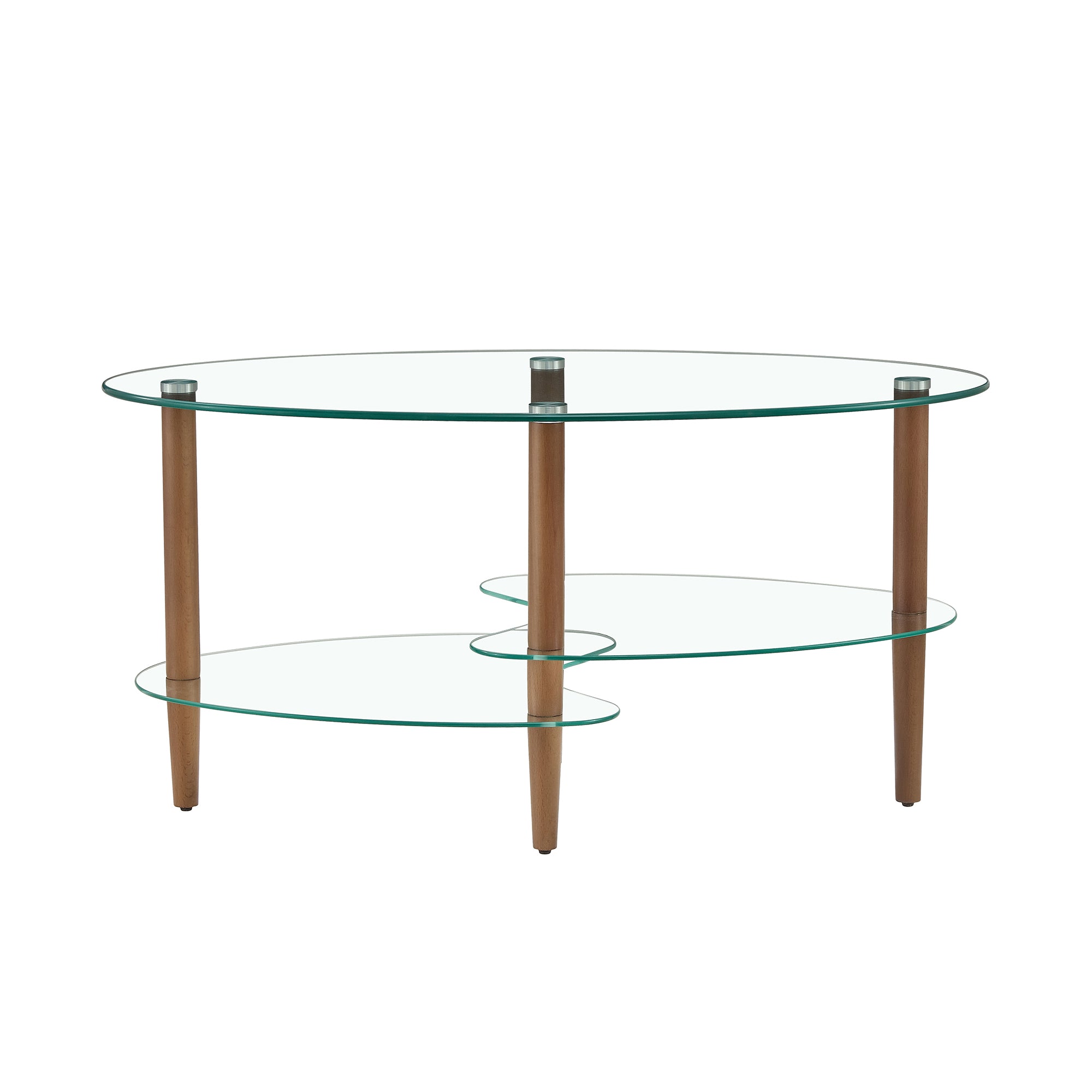 Transparent Oval glass coffee table, modern table in living room Oak wood leg tea table 3-layer  glass table