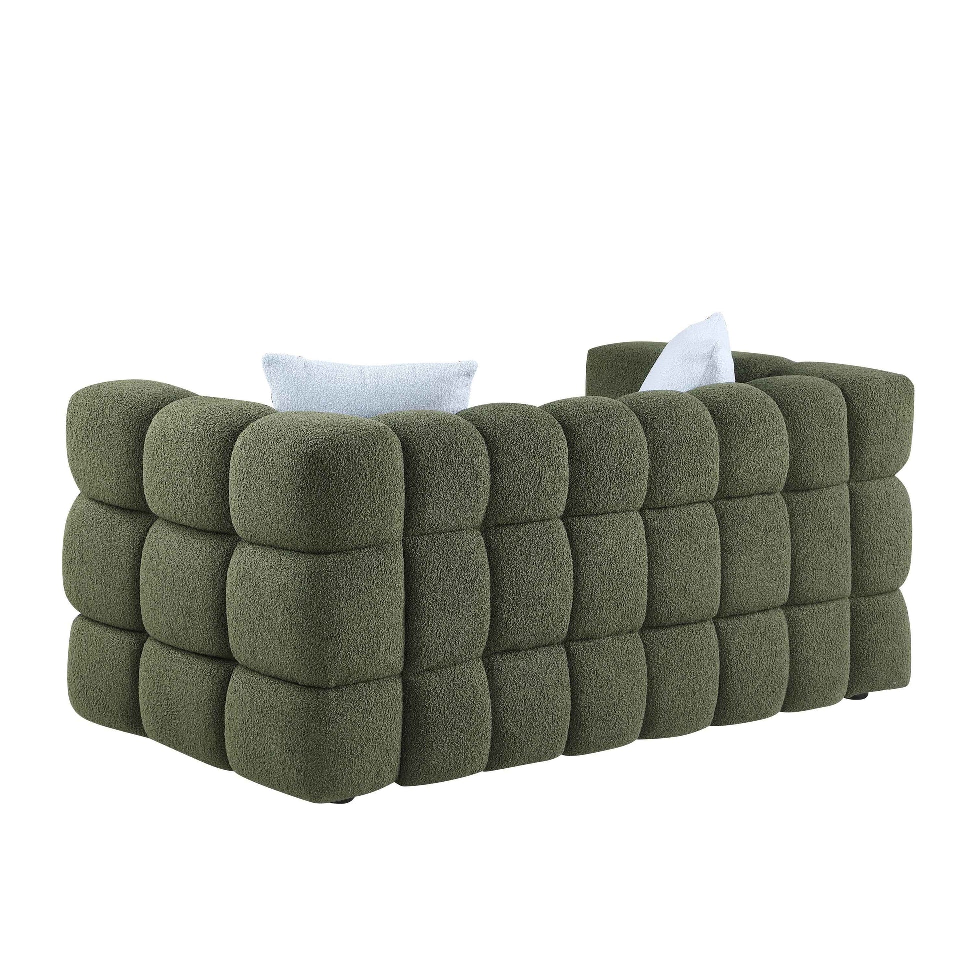 84.3 length ,35.83' deepth ,human body structure for USA people,  marshmallow sofa,boucle sofa ,3 seater, OLIVE GREEN BOUCLE