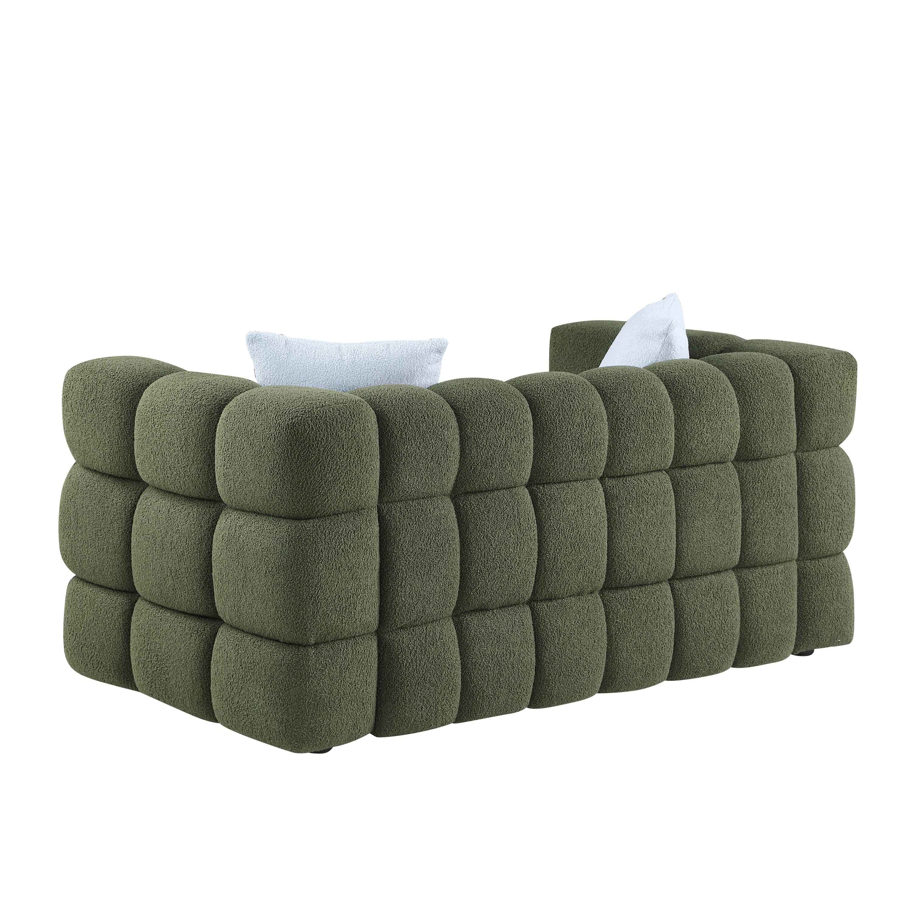 84.3 length ,35.83' deepth ,human body structure for USA people,  marshmallow sofa,boucle sofa ,3 seater, OLIVE GREEN BOUCLE