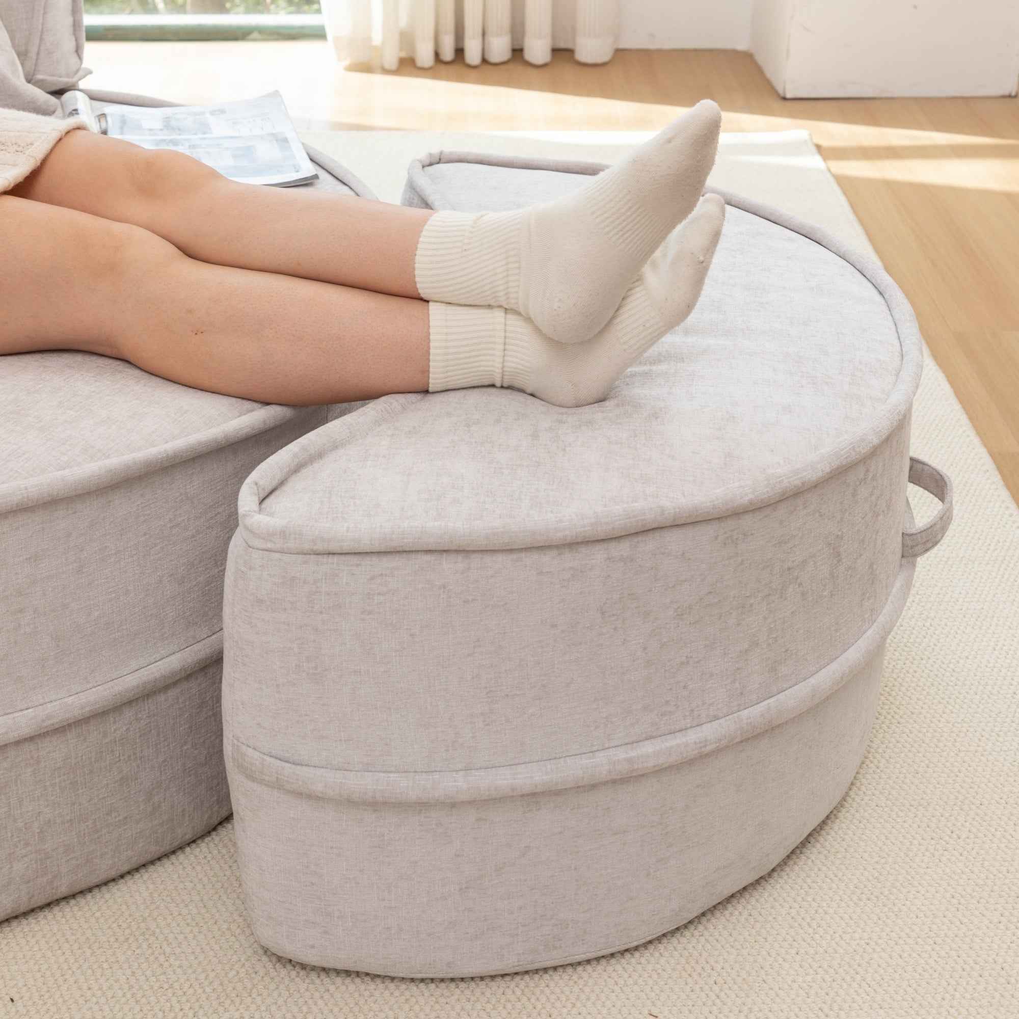 Modern Oversized  Gray Round Barrel Accent Chair with Ottoman – Velvet Upholstered Lounge Armchair with 5 Pillows for Living Room or Bedroom