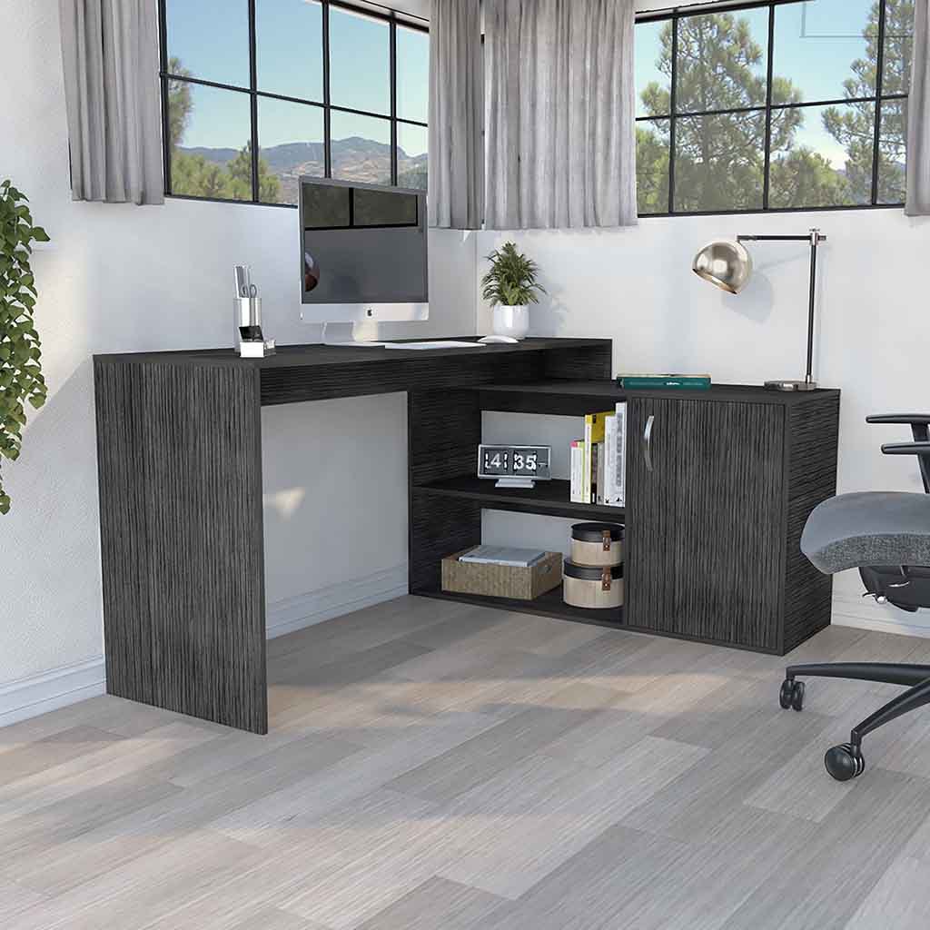 Axis Modern L-Shaped Computer Desk with Open & Closed Storage -Smokey Oak - Abrihome