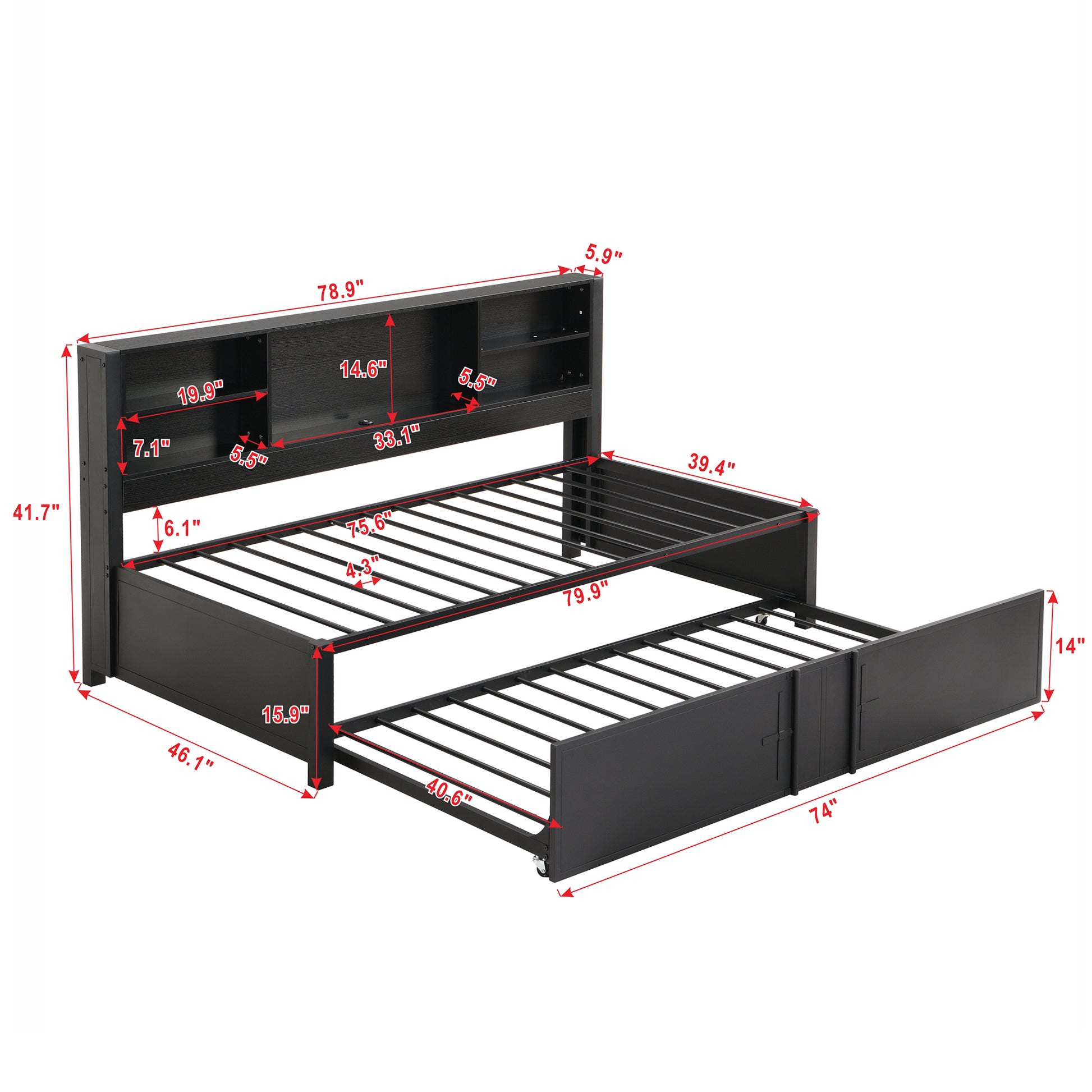 Metal Twin Size Daybed with Twin Size Trundle, Storage Shelves and USB Ports, Black - Abrihome