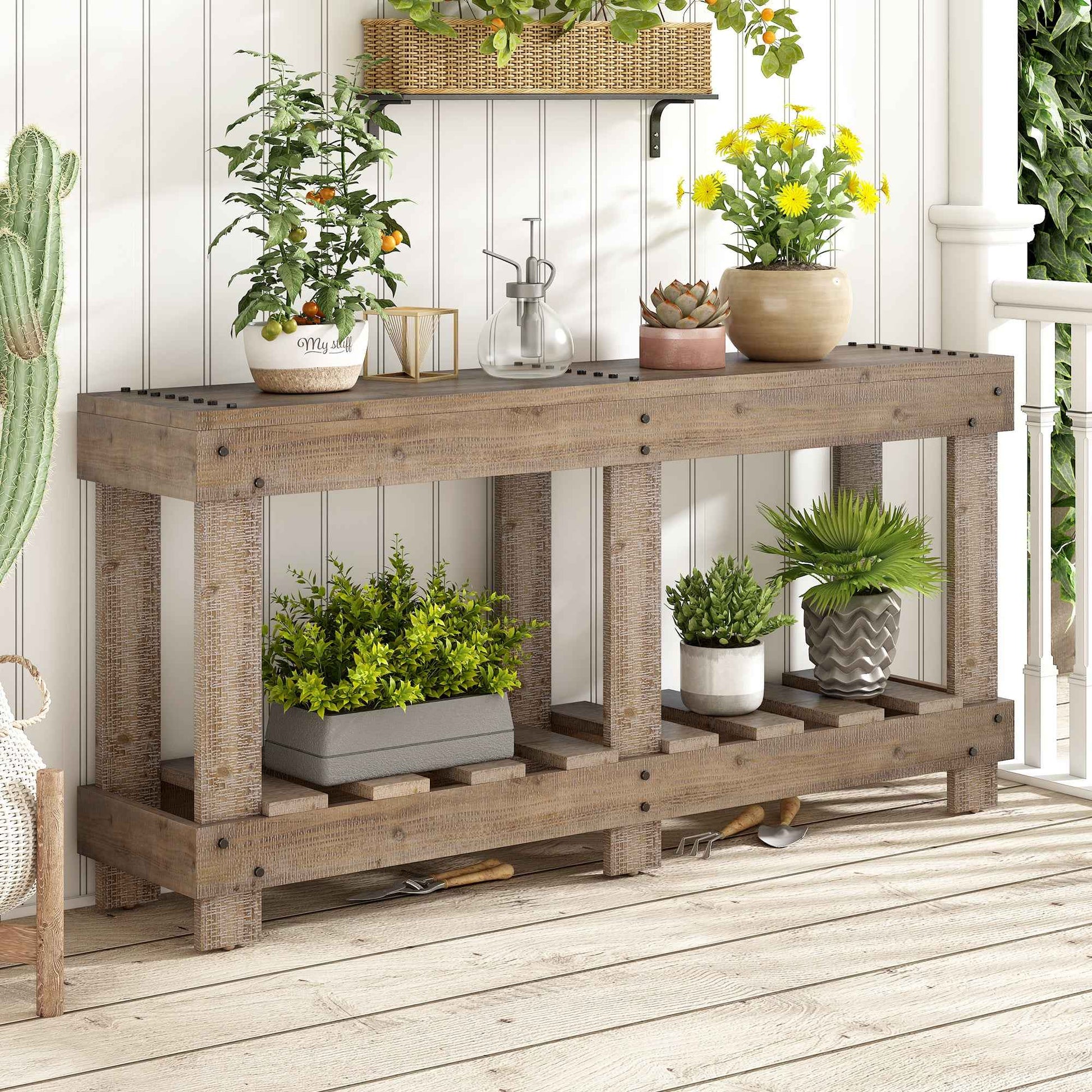 U_Style 62.9' Vintage Entryway Table - Fir Solid Wood with Natural Grain, 6 Reinforced Legs & 4.5' Thick Desktop, Metal Rivet Decor & Plank Under-Shelf, Console Table for Hallway, Living Room
