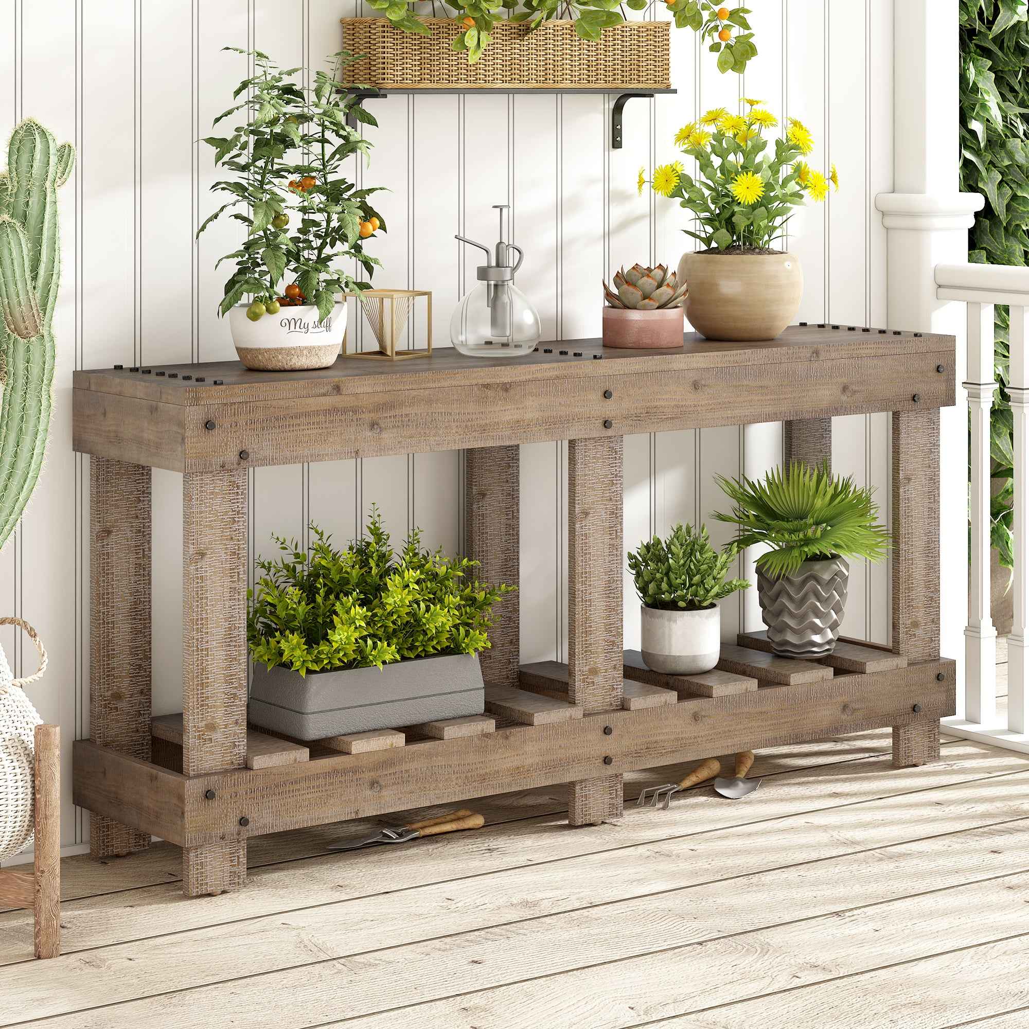 U_Style 62.9' Vintage Entryway Table - Fir Solid Wood with Natural Grain, 6 Reinforced Legs & 4.5' Thick Desktop, Metal Rivet Decor & Plank Under-Shelf, Console Table for Hallway, Living Room