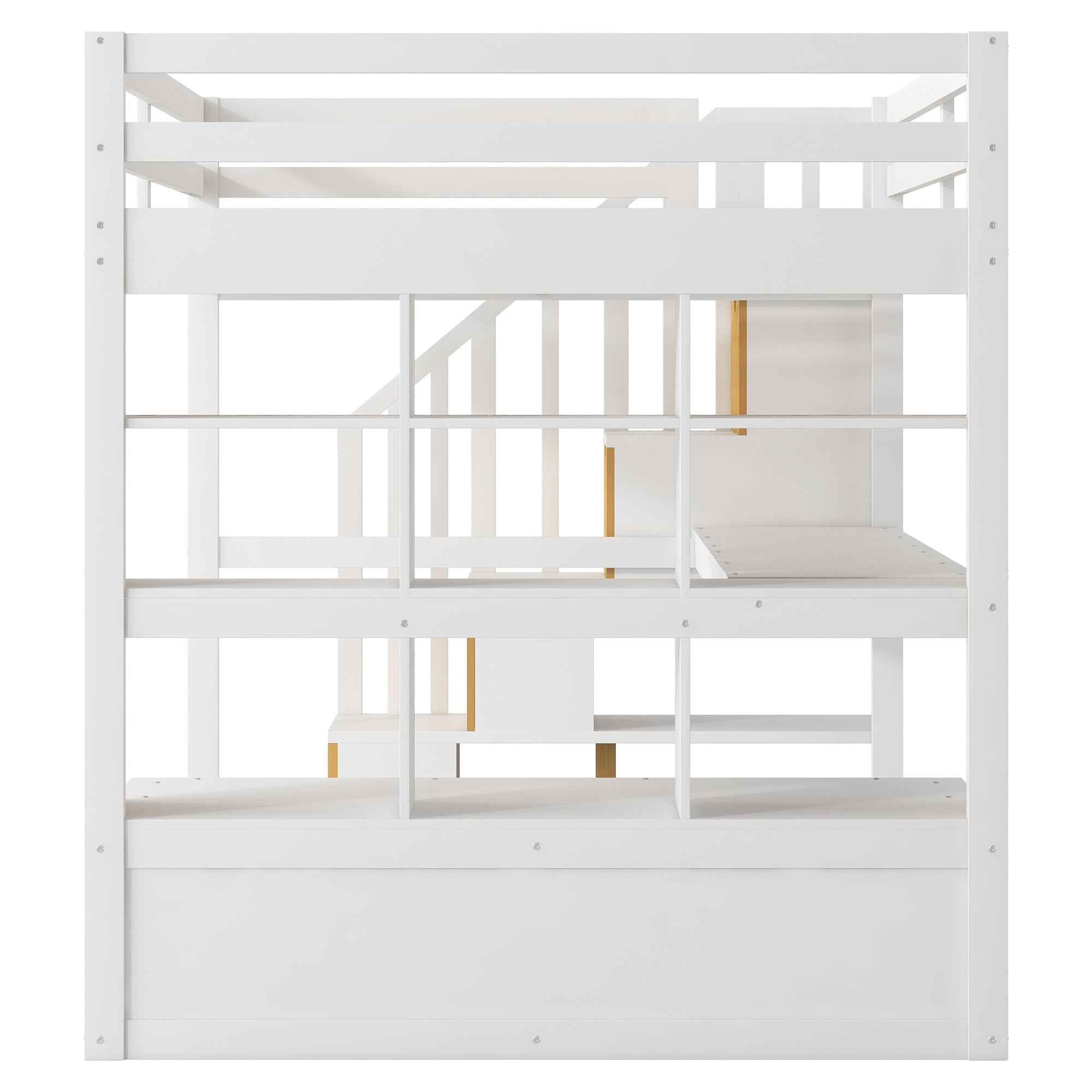 Full Size Loft Bed with Desk and Shelves, Two Built-in Drawers, Storage Staircase in White and Natural Finish, Solid Pine Wood and MDF Construction