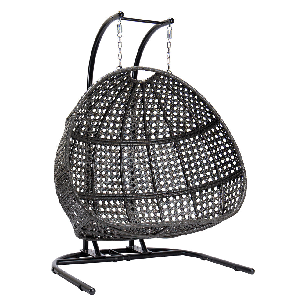 Charcoal Wicker Hanging Double-Seat Swing Chair with Stand w/Dust Blue Cushion