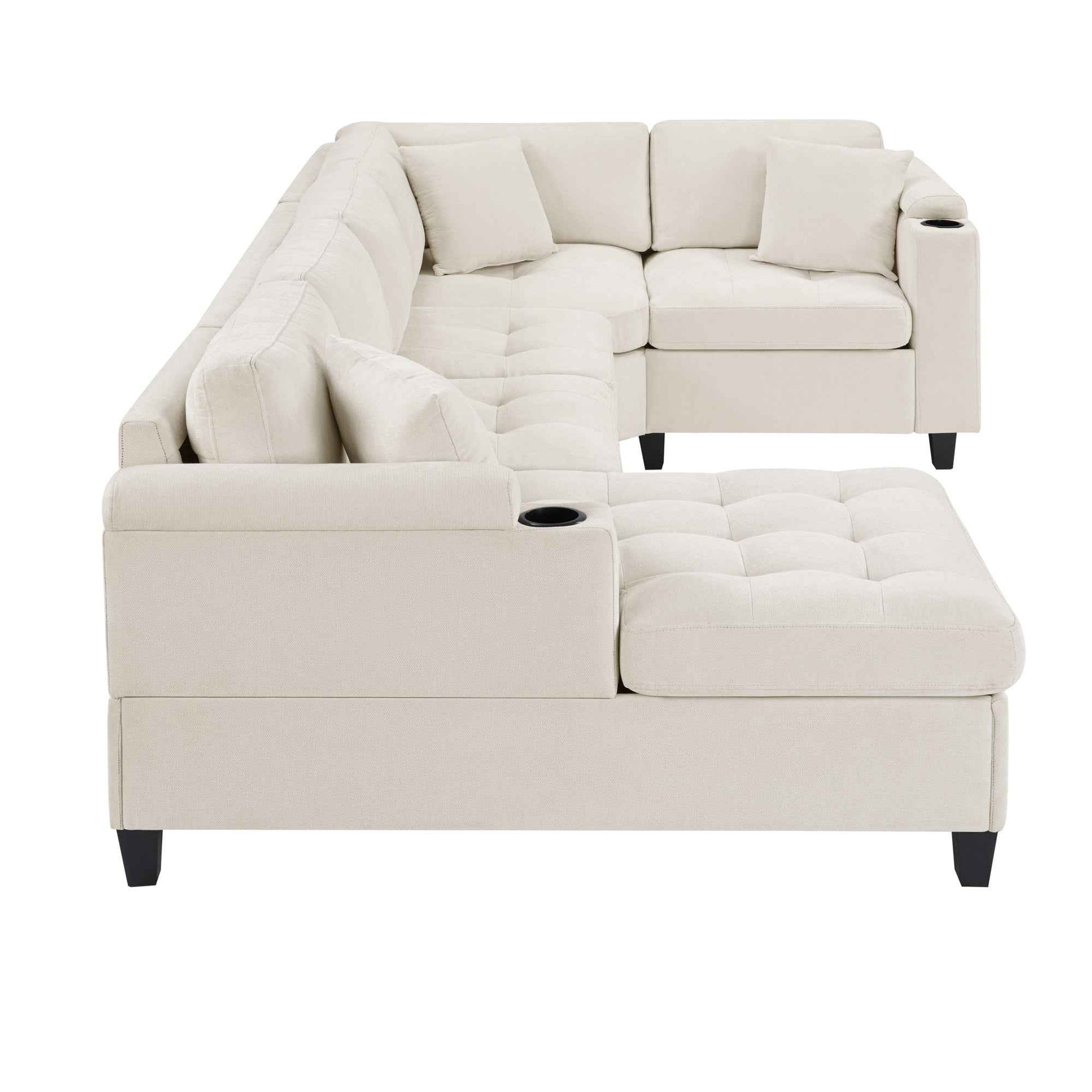 Modern U-shaped Sectional Sofa 115.7' with Built-in Cup Holders, Storage, USB Ports in Beige Chenille Fabric