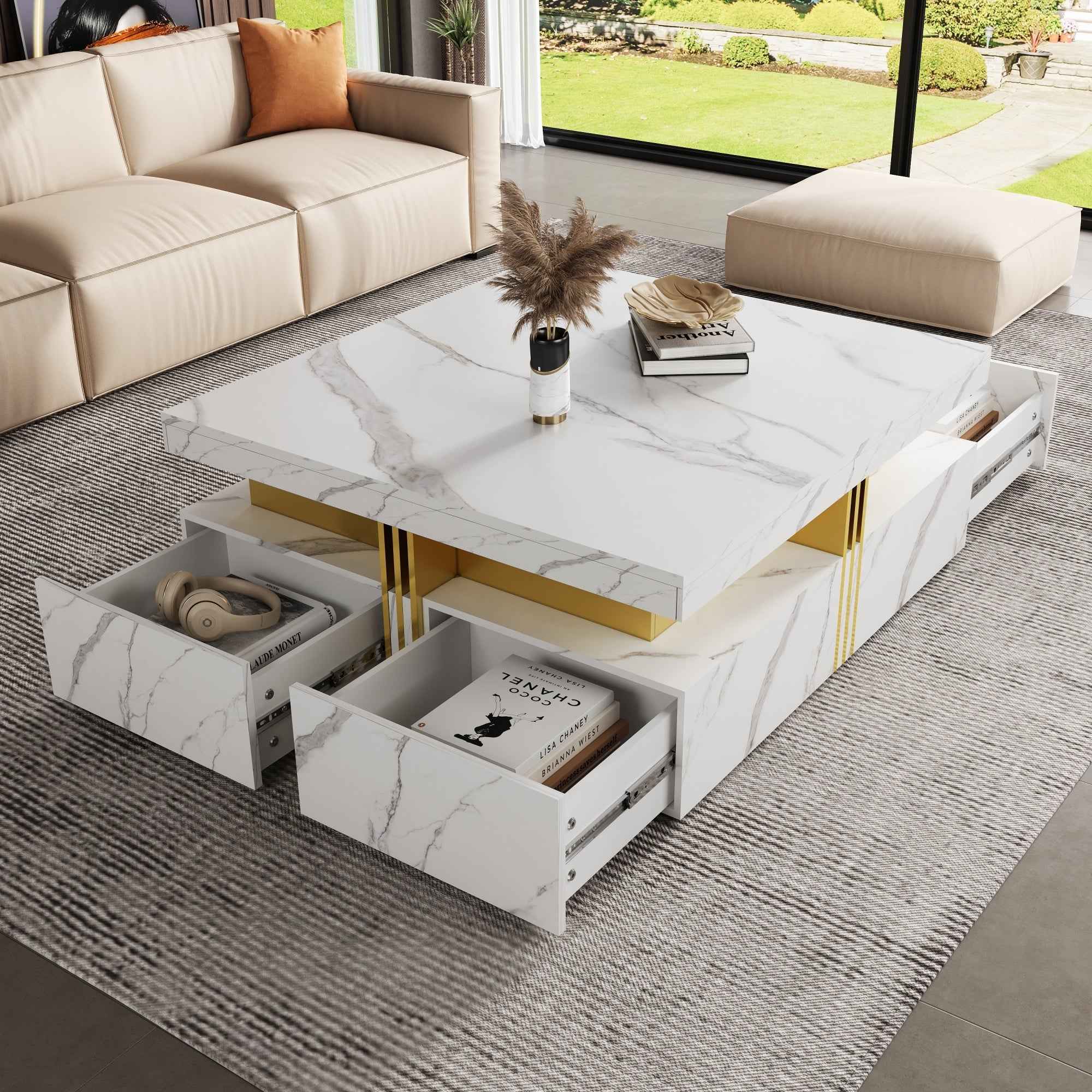 Modern White Square Storage Coffee Table with 4 Drawers