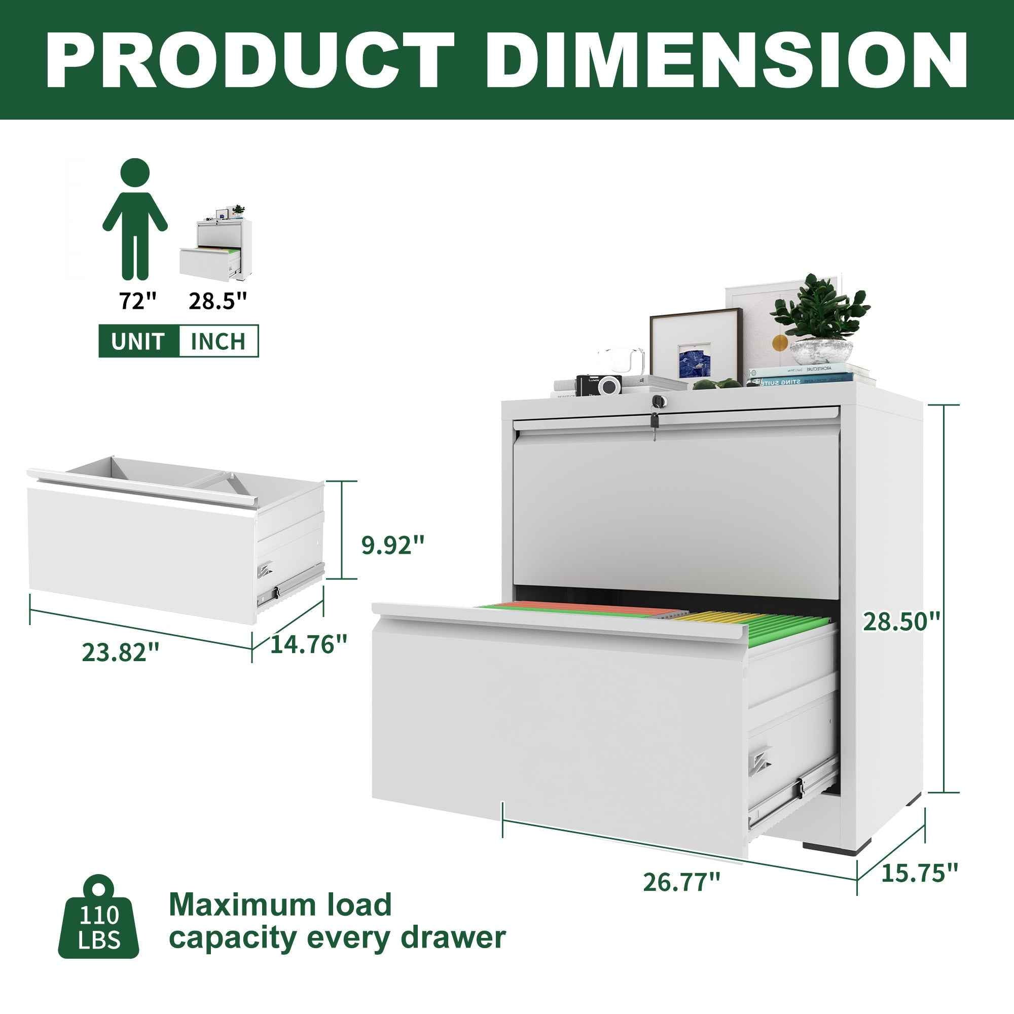 Premium 2 Drawer Metal Lateral File Cabinet with Lock, White Steel Filing Cabinet for Home Office