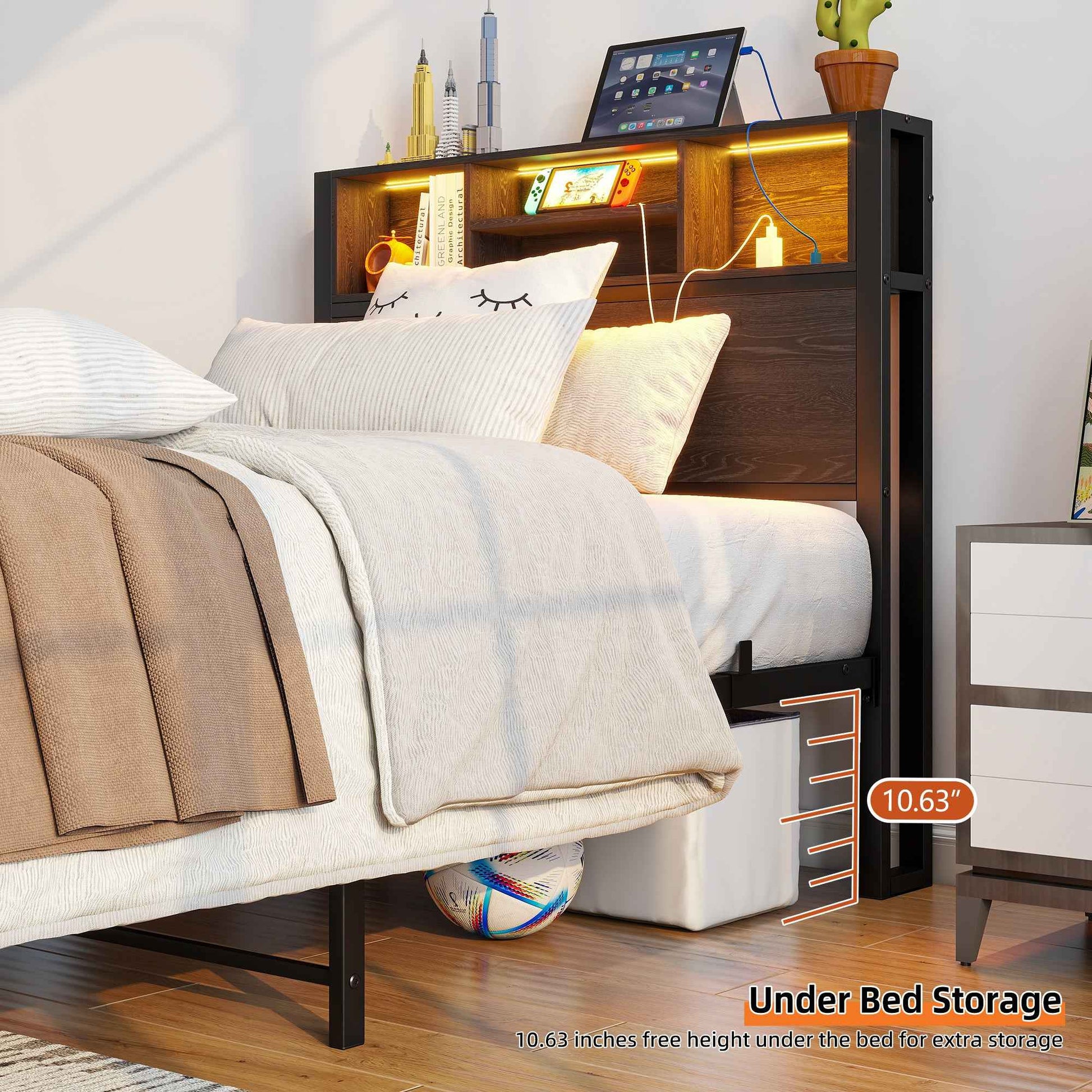 Twin Size Bed Frame with Storage Headboard, Metal Platform Bed with Charging Station, Bookcase Storage, Easy Assembly