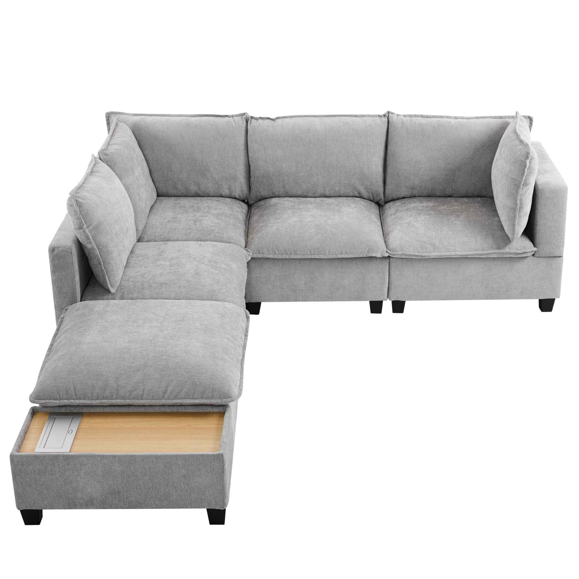 Modular 90' U-shaped Sectional Sofa with Movable Ottoman and Hidden Charging Coffee Table, Grey, Chenille