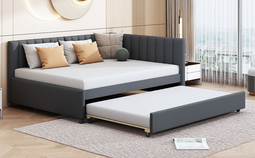 Full Size Upholstered Daybed with Trundle Sofa Bed Frame No Box Spring Needed, Linen Fabric(Gray) - Abrihome