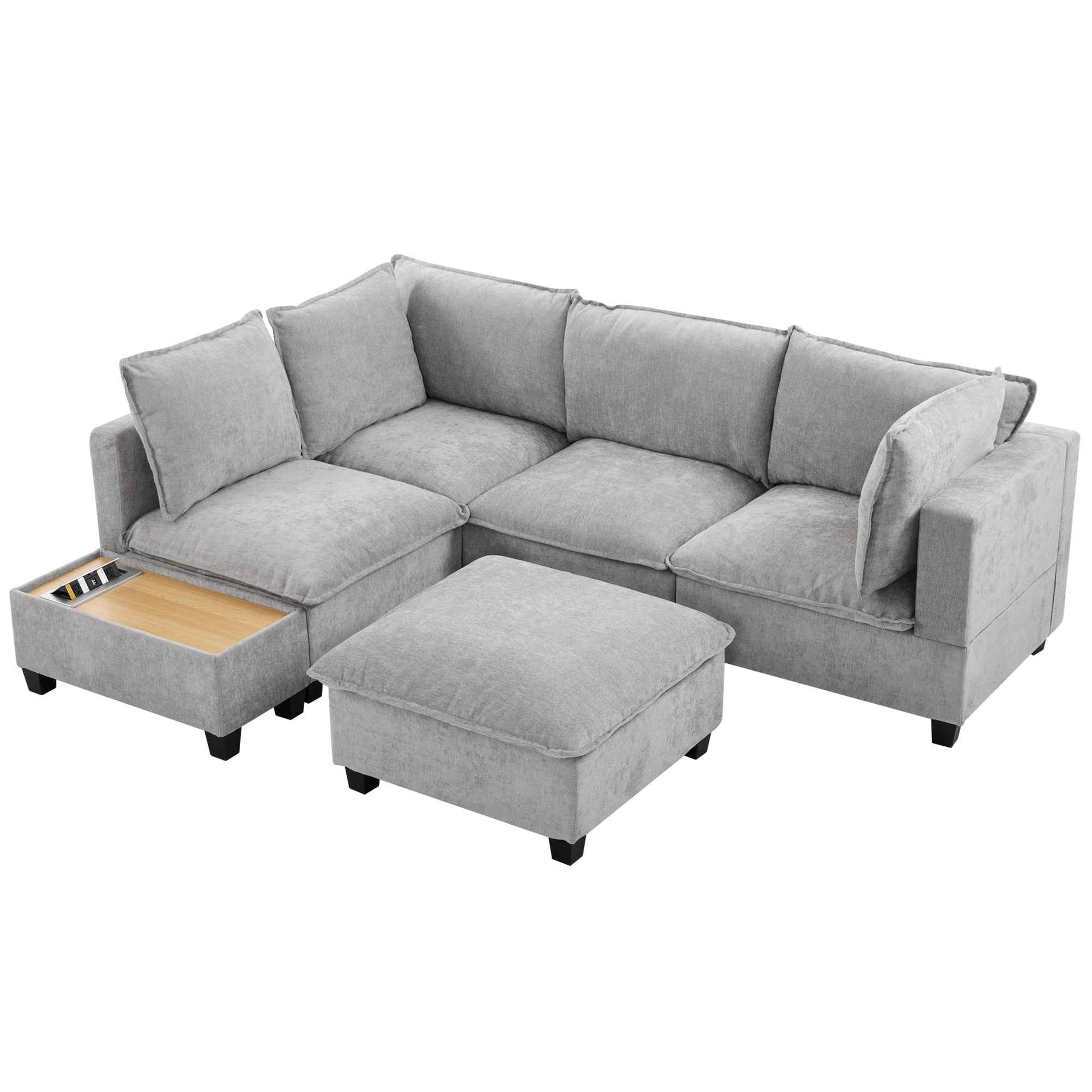 Modular 90' U-shaped Sectional Sofa with Movable Ottoman and Hidden Charging Coffee Table, Grey, Chenille