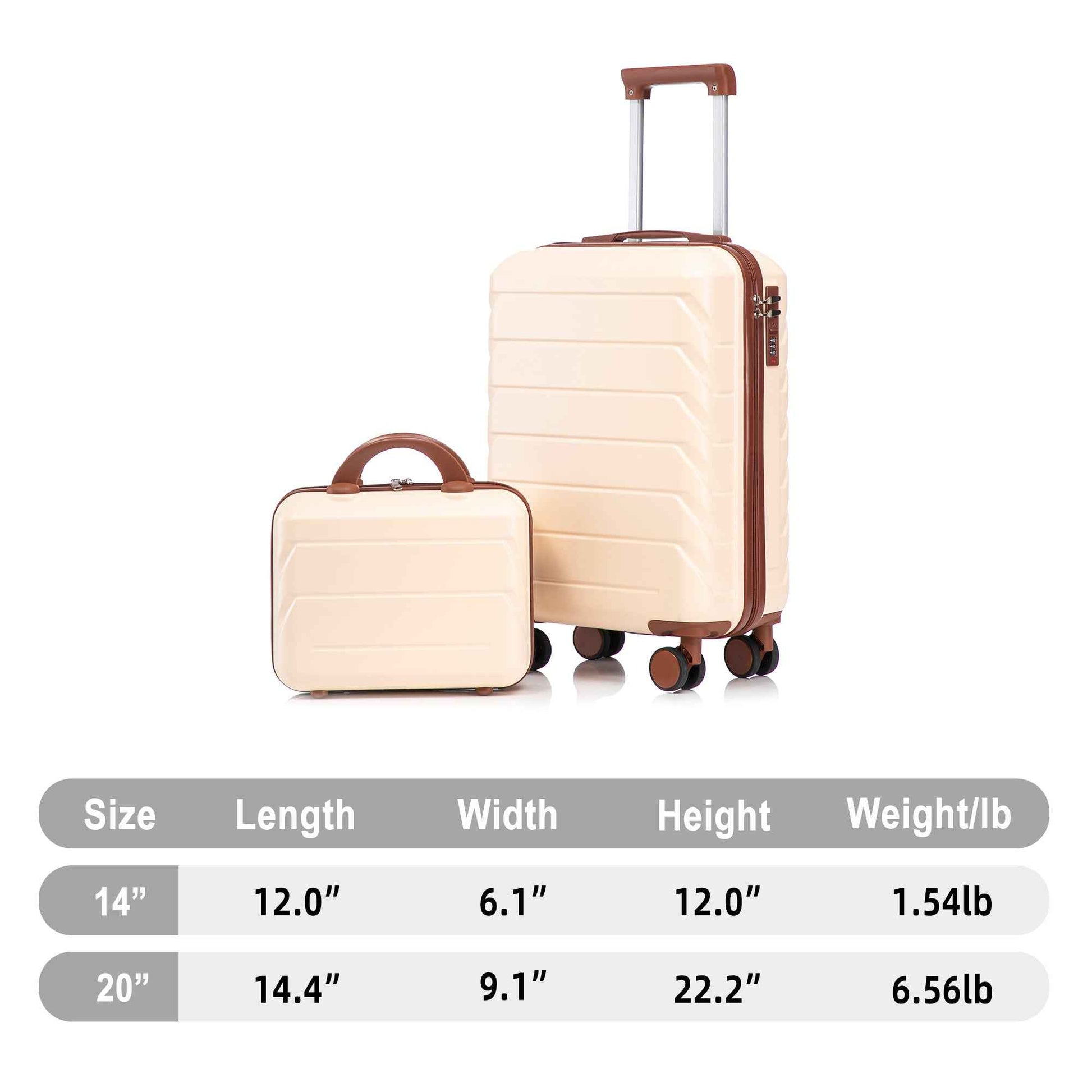14'/20' 2 pcs/set in ABS Spinner Wheel Luggage, with Combination Lock,14' Cosmetic Case (Beige)