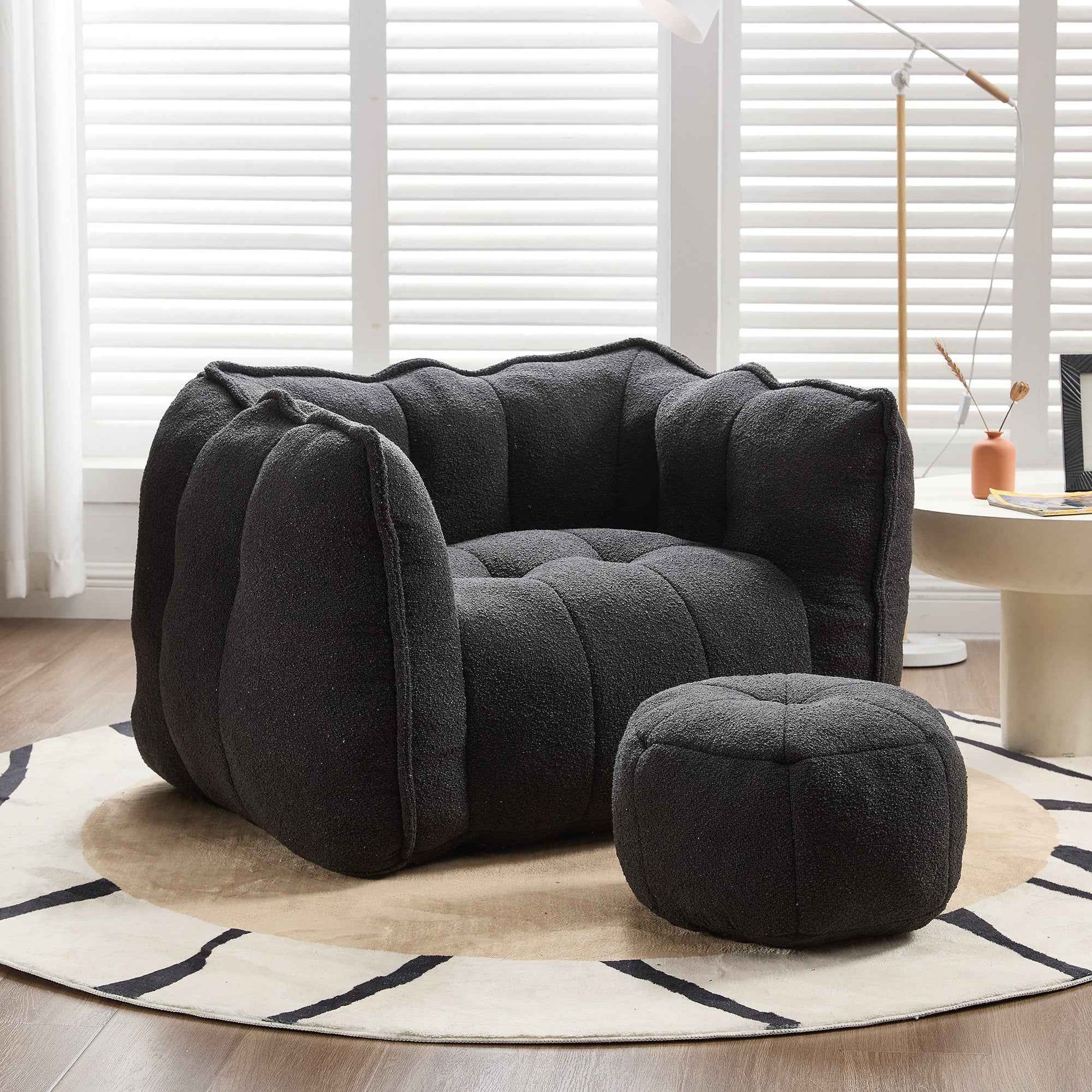 Soft Chenille Bean Bag Chair with High Resilient Foam for Living Room and Bedroom, Comfortable Square Lazy Sofa with Footstool for Adults