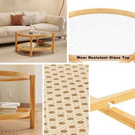 Rattan Coffee Table, 2-Tier Bamboo Coffee Table with Glass Top and PVC Rattan Storage Shelf, Modern Round Coffee Table for Living Room, Office, Natural