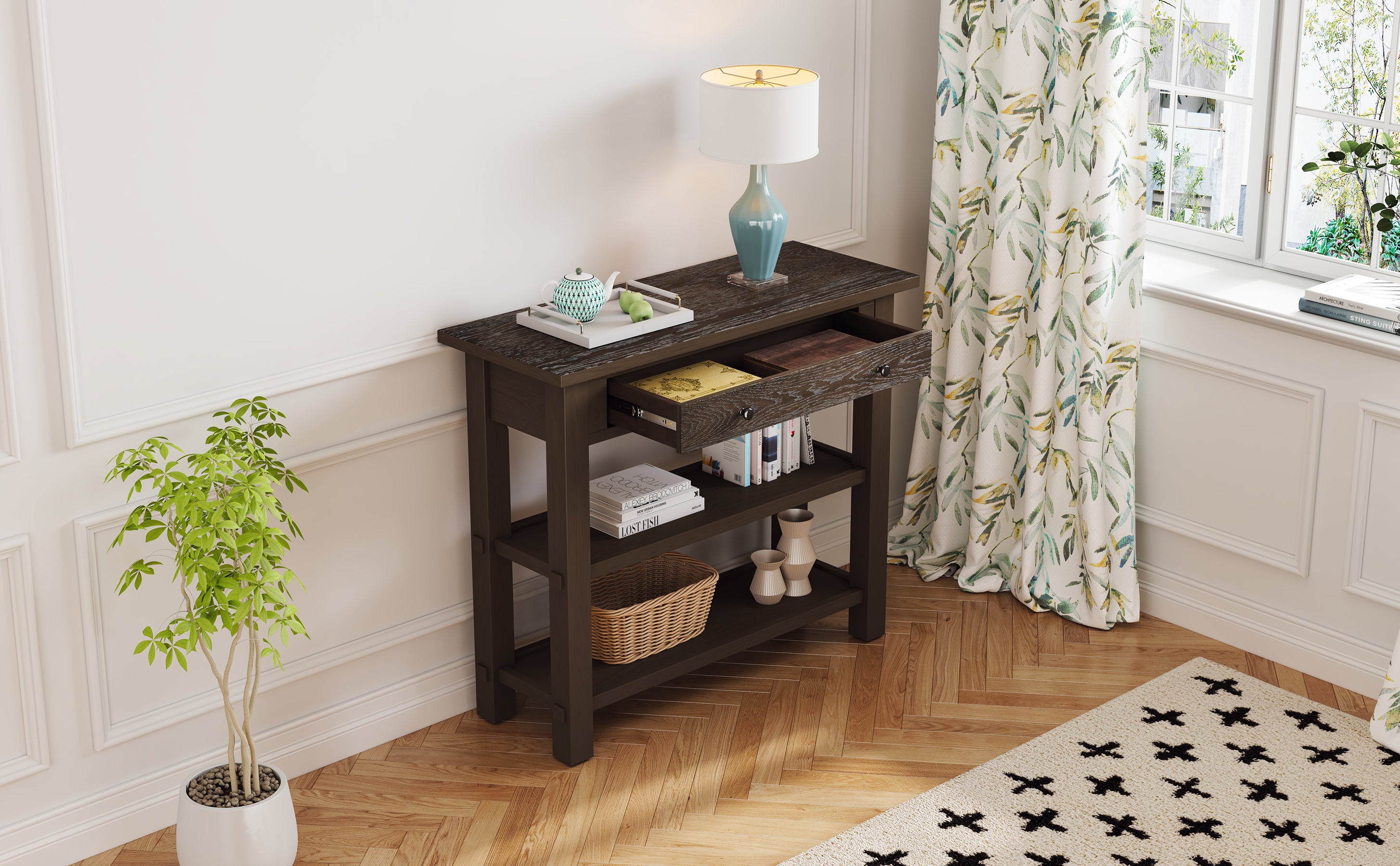 TREXM Retro Console Table with Drawer and Two Sturdy Shelves for Entryway, Living Room (Espresso)