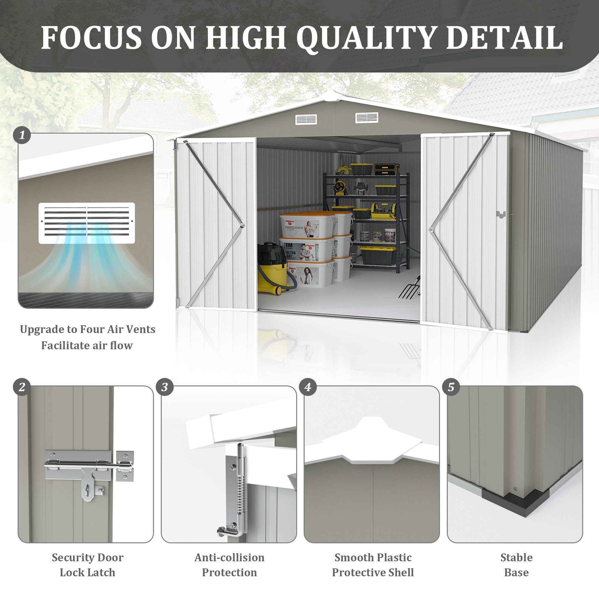 Campcraft  Outdoor Storage Shed 10×14 FT with 3 Lockable Doors,4 Air Vents & Sloped Roof,Utility Tool Shed Metal Storage Garden Sheds  Frame and 4 Vents,for Backyard,Patio,Lawn,Light Grey