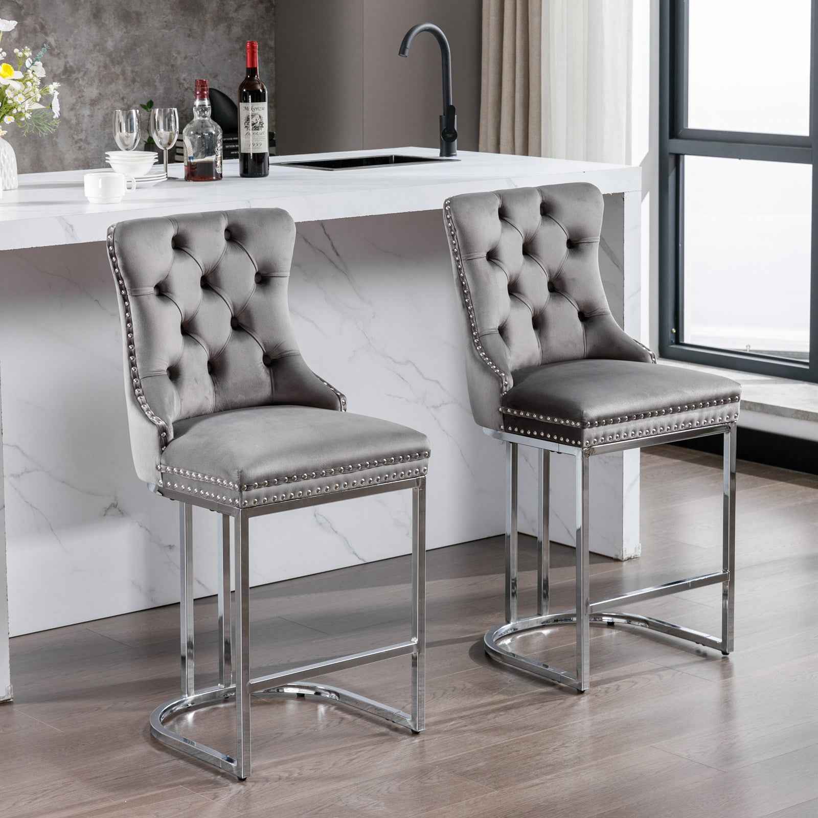 26' Counter Height Bar Stools Set of 2, Modern Velvet Barstools with Button Back&Rivet Trim Upholstered Kitchen Island Chairs with Sturdy Chromed Metal Base Legs Farmhouse Bar Stools, (Gray,2 Pack)
