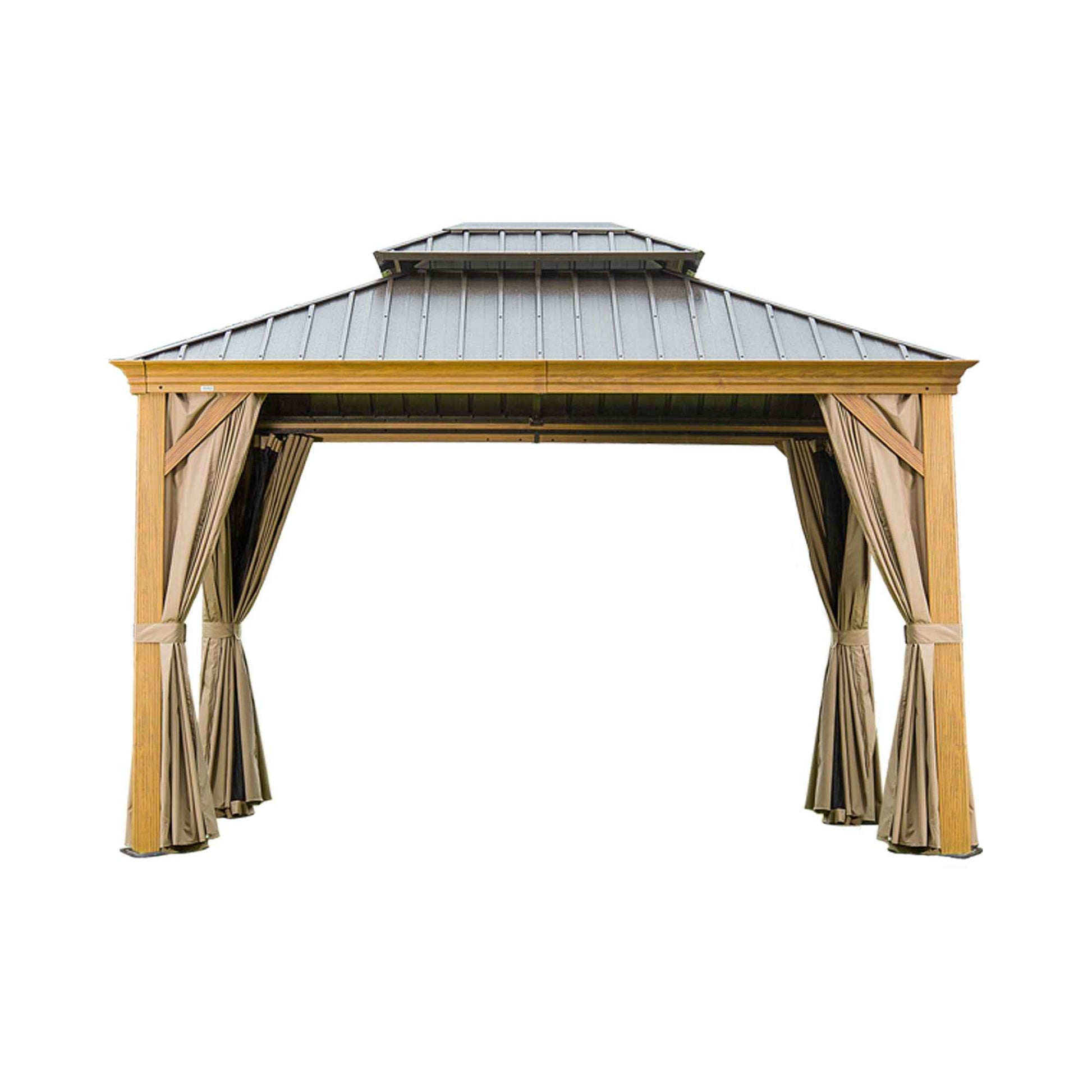 10' X 14' Hardtop Gazebo Outdoor Metal Gazebo Canopy with Galvanized Steel Double Roof, Wood Grain Aluminum Frame, Curtains and Netting for Patio, Deck, Garden