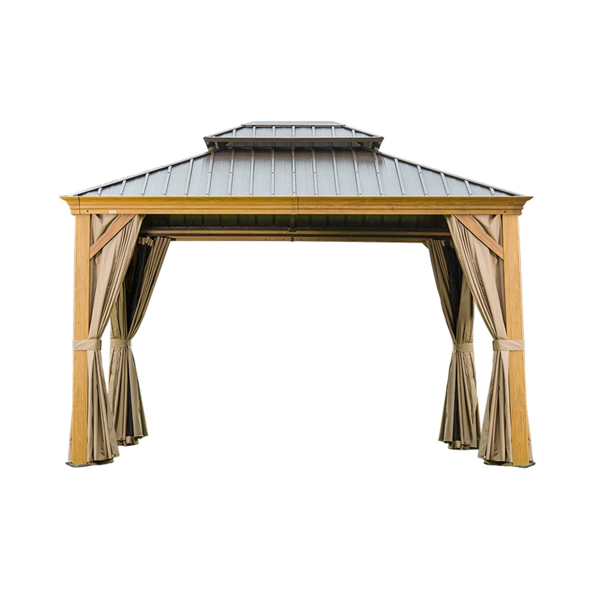 10' X 14' Hardtop Gazebo Outdoor Metal Gazebo Canopy with Galvanized Steel Double Roof, Wood Grain Aluminum Frame, Curtains and Netting for Patio, Deck, Garden