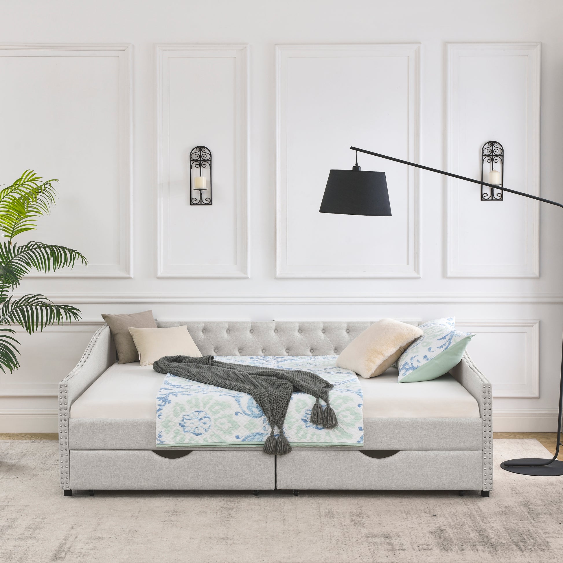 Queen Size Daybed with Drawers Upholstered Tufted Sofa Bed,,with Button on Back and Copper Nail on Waved Shape Arms, Beige (84.5'x63.5'x26.5') - Abrihome