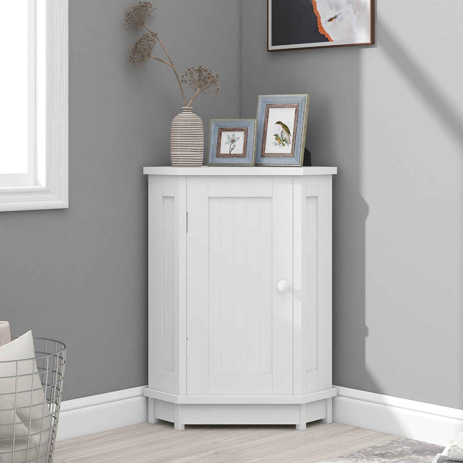 White Bathroom Cabinet Triangle Corner Storage Cabinet with Adjustable Shelf Modern Style MDF Board (Old SKU:WF291477AAK)